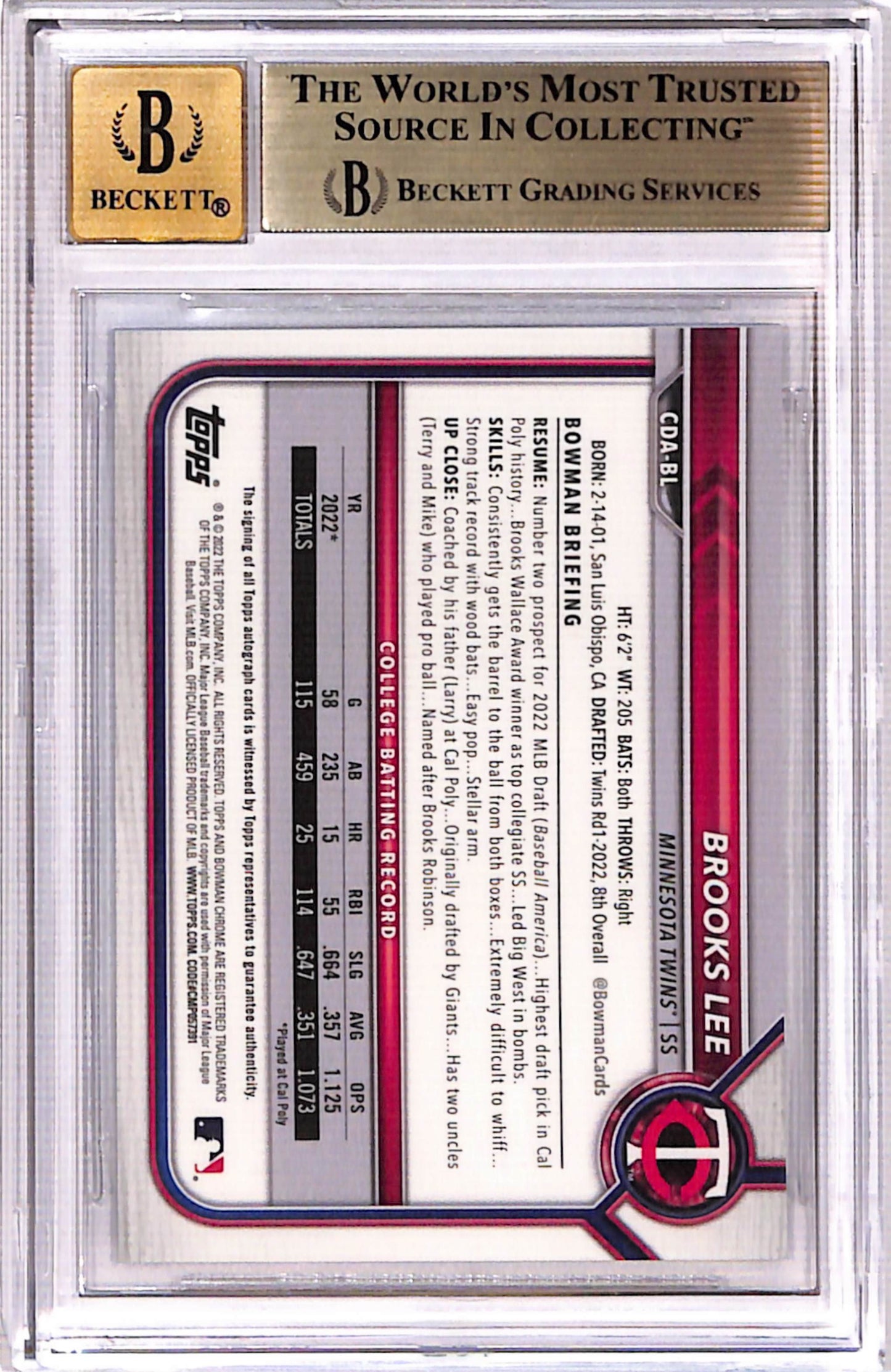 Brooks Lee 2022 Bowman Chrome Blue Auto #60/150 BGS 9.5 Auto 10
