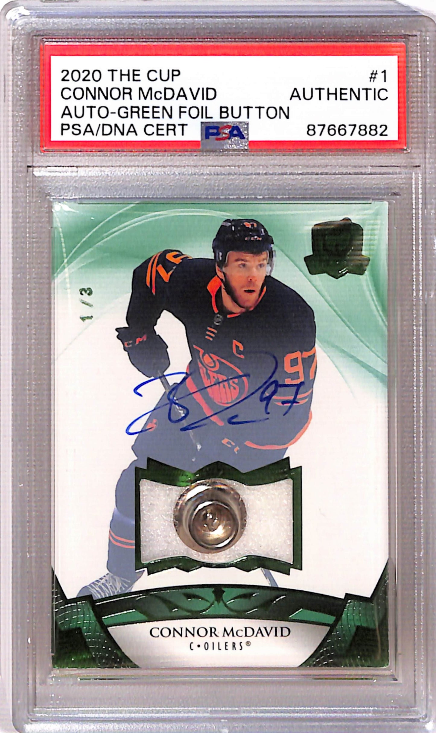 Connor McDavid 2020 Upper Deck The Cup Button Auto #1/3 PSA Auth