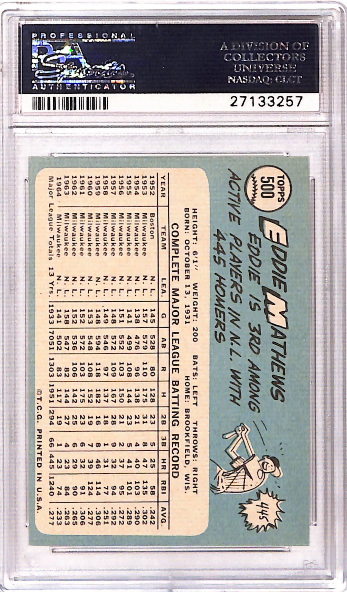 Eddie Mathews 1965 Topps #500 PSA 8 Nm-Mint