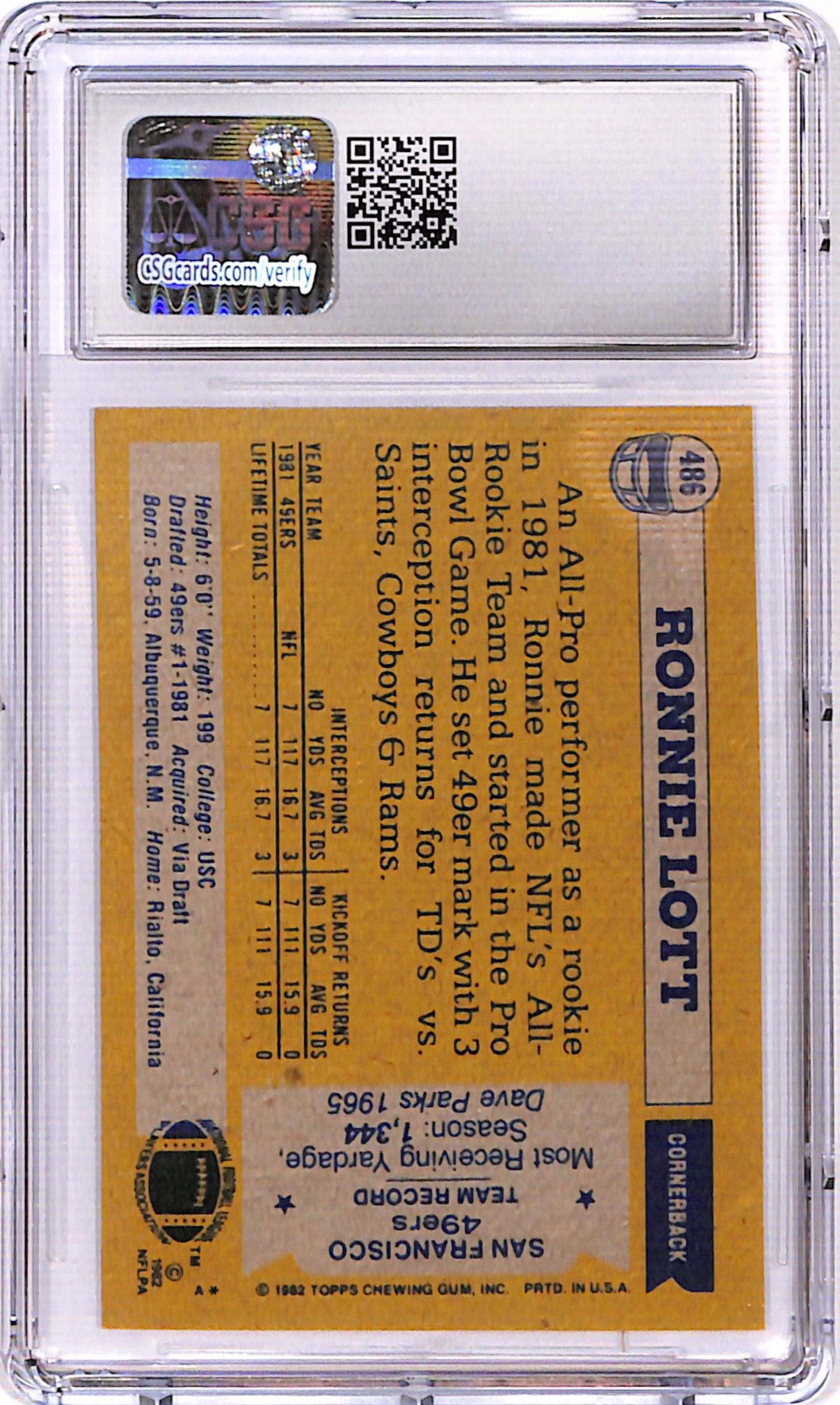 Ronnie Lott 1982 Topps Rookie #486 CSG 8.5 Nm-Mint+