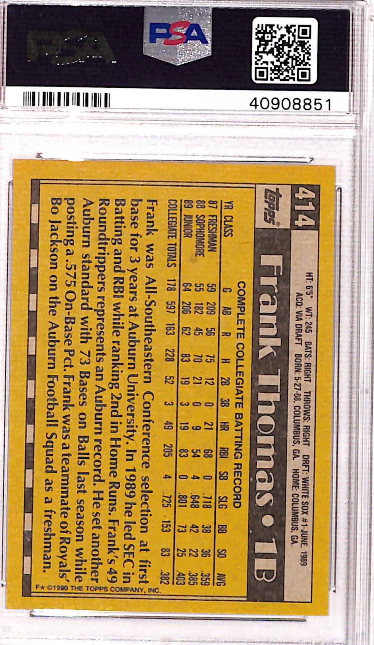 Frank Thomas 1990 Topps Tookie #414 No Name on Front NNOF PSA 7.5 Near Mint+