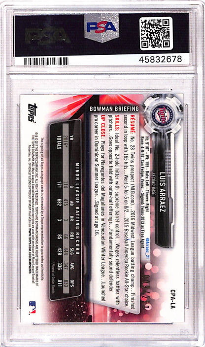 Luis Arraez 2017 Bowman Chrome Purple Refractor Auto #90/250 PSA 9 Mint
