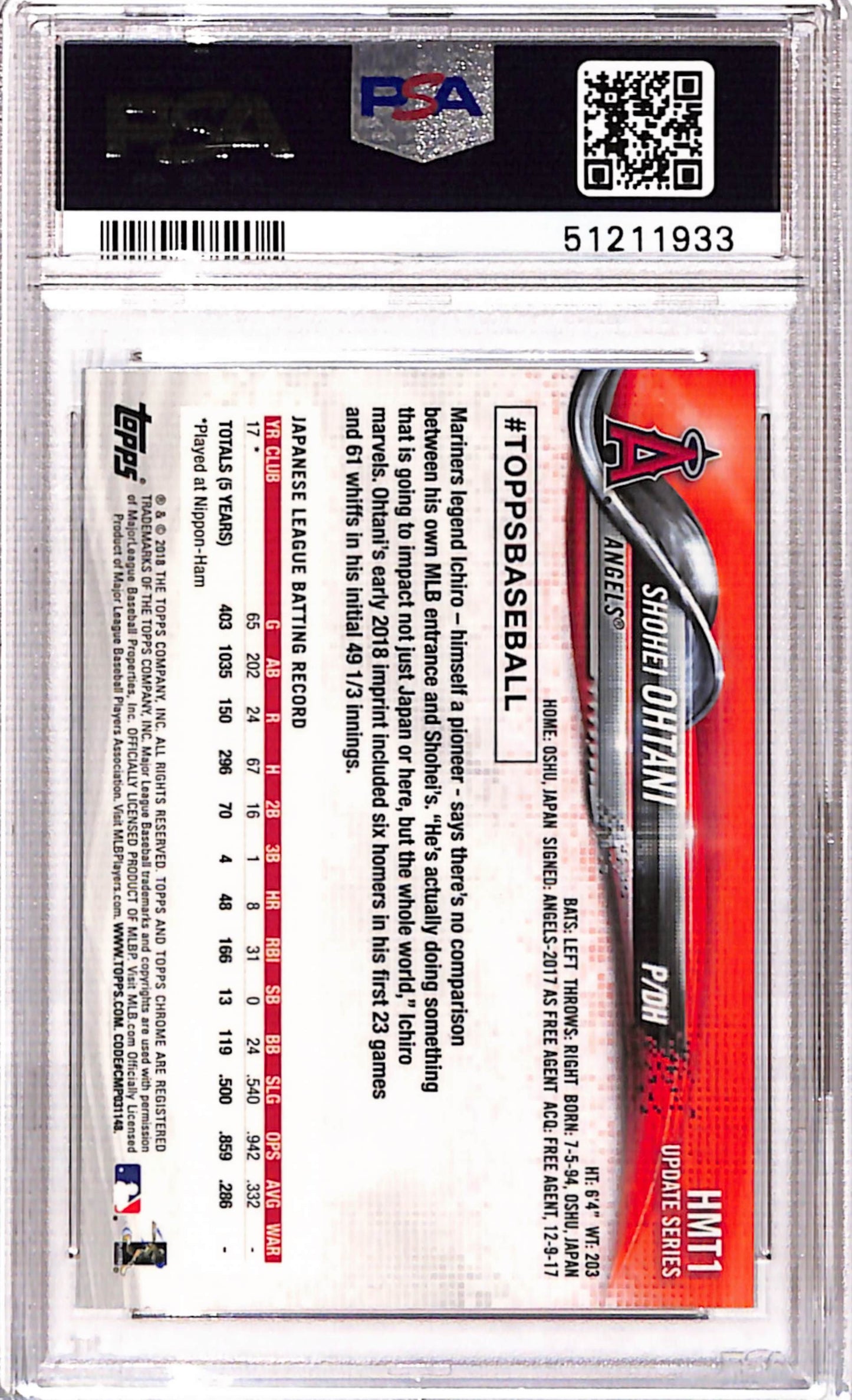 Shohei Ohtani 2018 Topps Chrome Update #HMT1 PSA 10 Gem Mint 1933