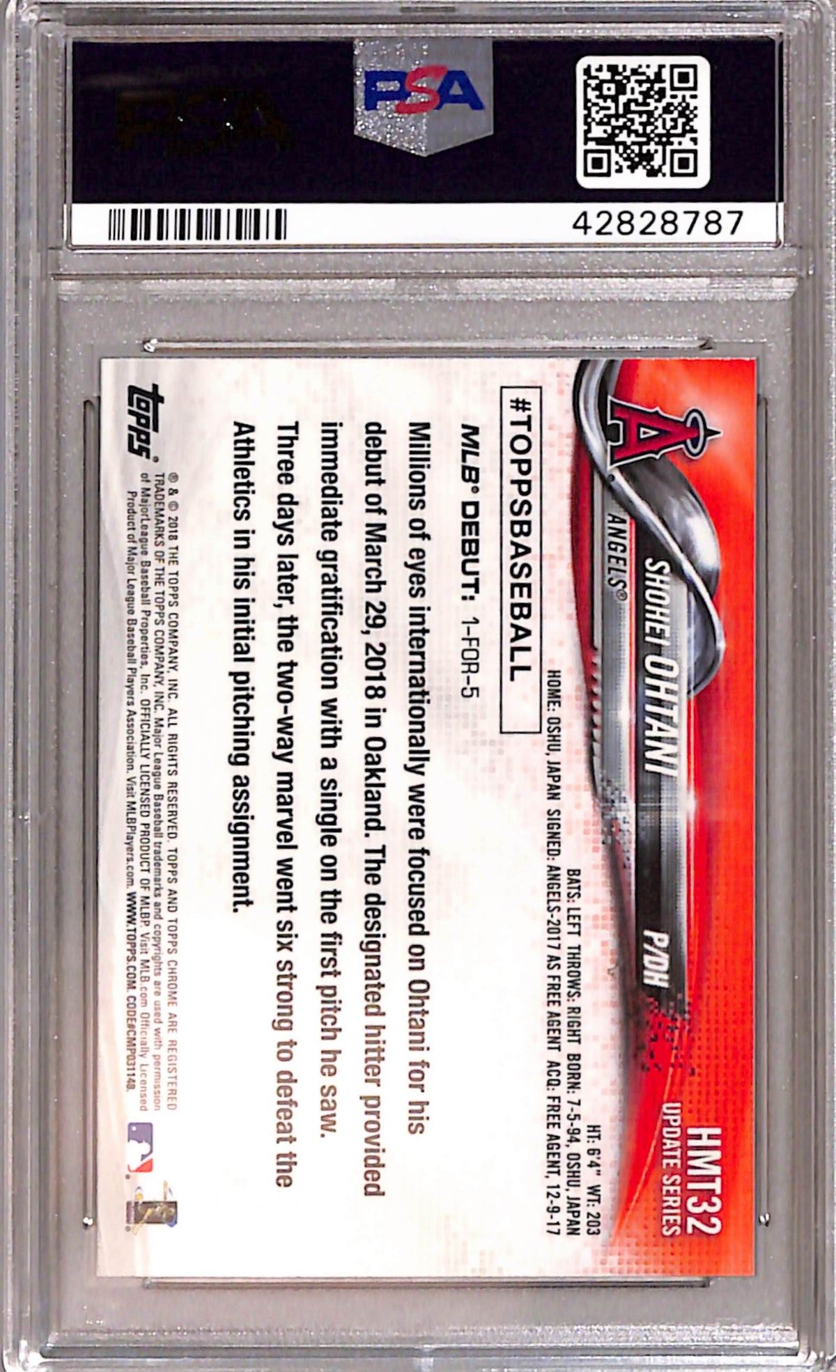 Shohei Ohtani 2018 Topps Chrome Update #HMT32 PSA 9 Mint 8787