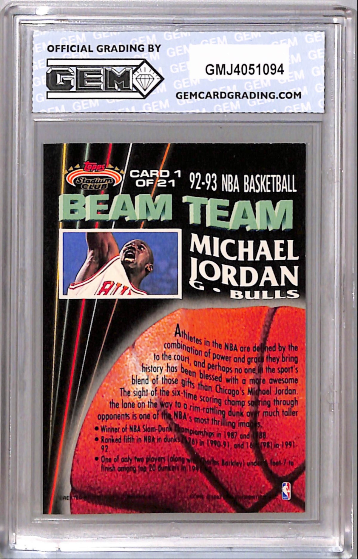 Michael Jordan 1992 Topps Stadium Club Beam Team GEM Grading 10 Gem Mint