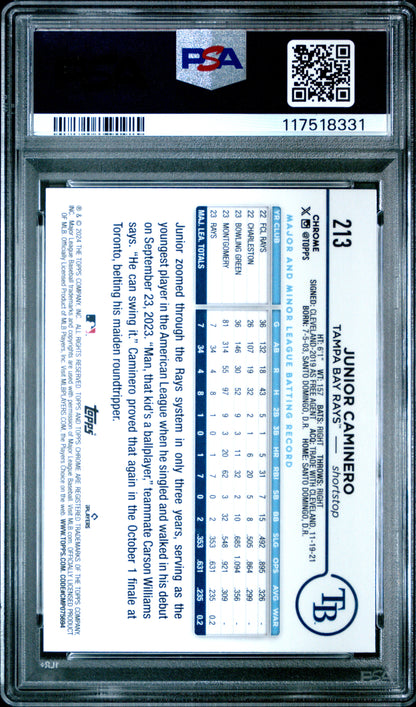 Junior Caminero 2024 Topps Chrome Rookie #213 Blue Refractor #106/150 PSA 10 Gem Mint