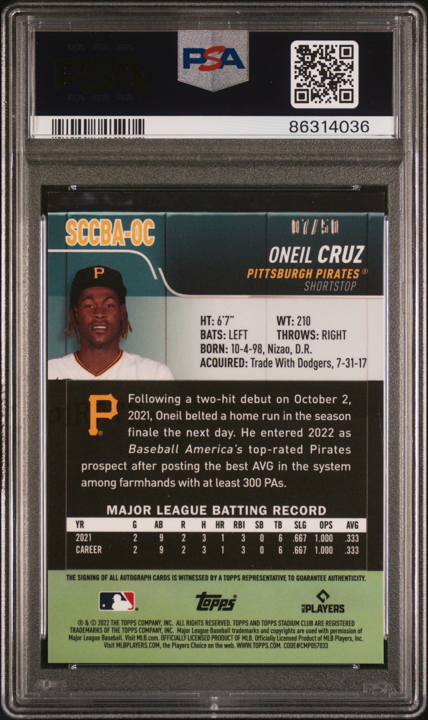 O'Neill Cruz 2022 Topps Stadium Club Chrome Gold Refractor Auto #7/50 PSA 10 Gem Mint
