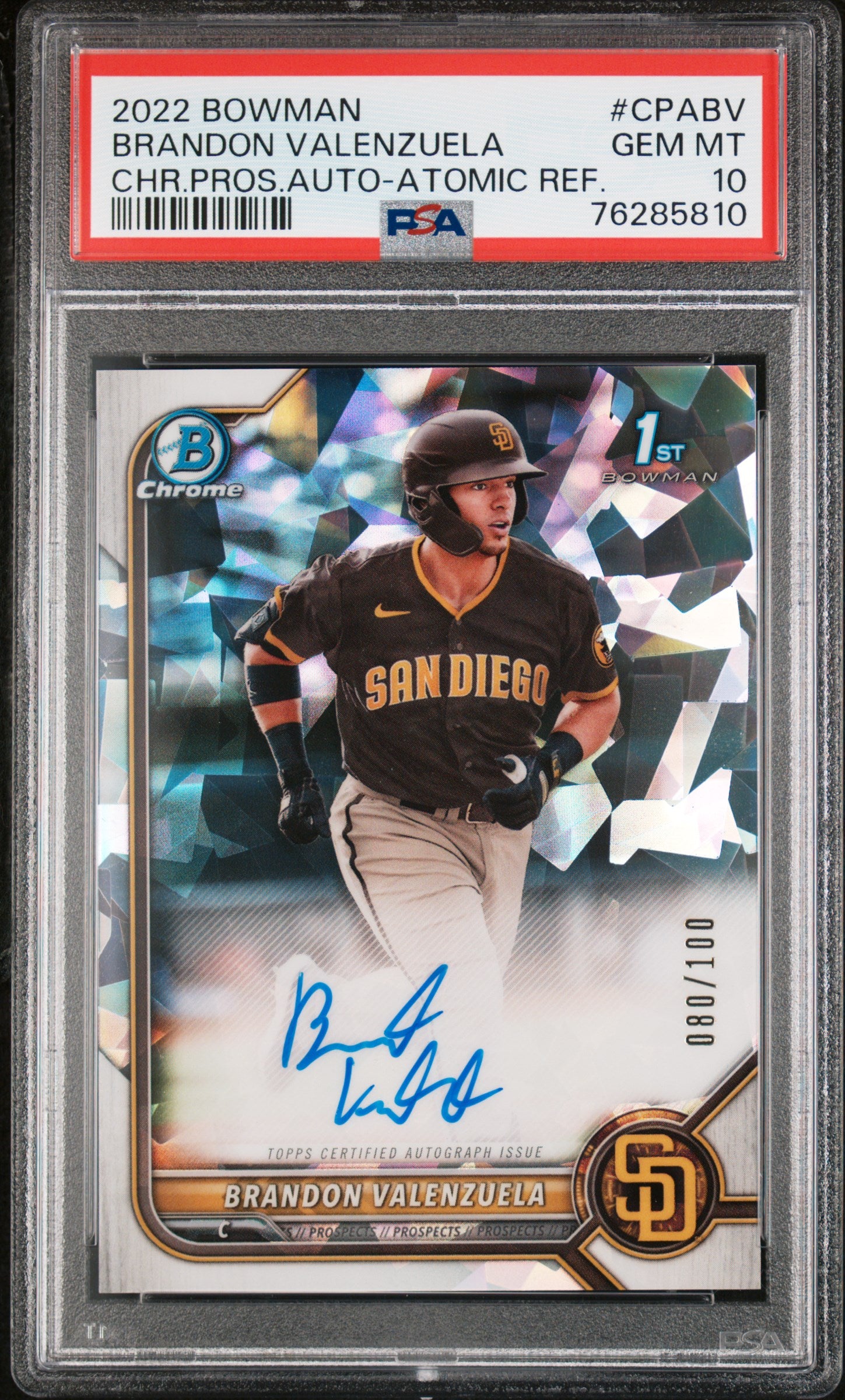 Brandon Valenzuela 2022 Bowman Chrome Atomic Refractor Auto #80/100 PSA 10 Gem Mint
