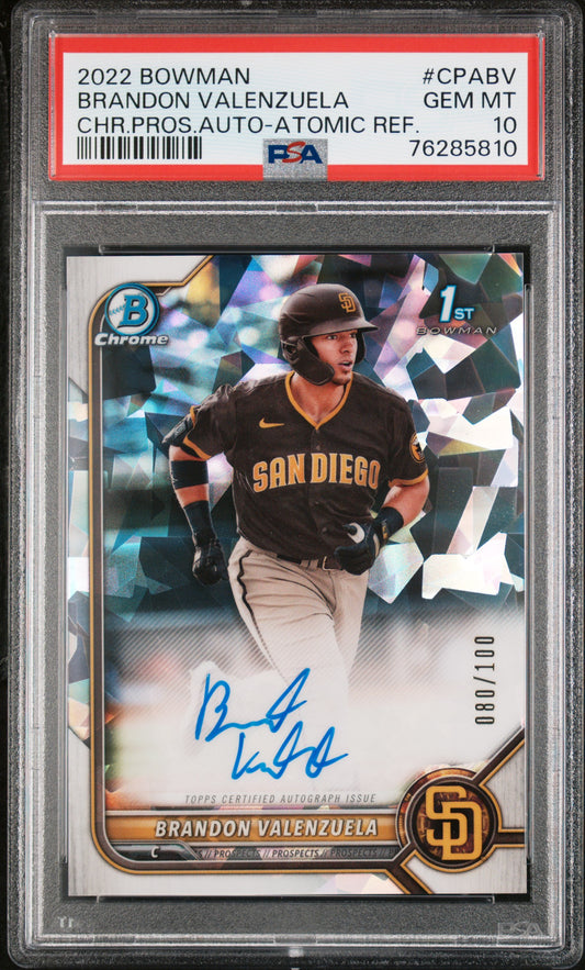 Brandon Valenzuela 2022 Bowman Chrome Atomic Refractor Auto #80/100 PSA 10 Gem Mint