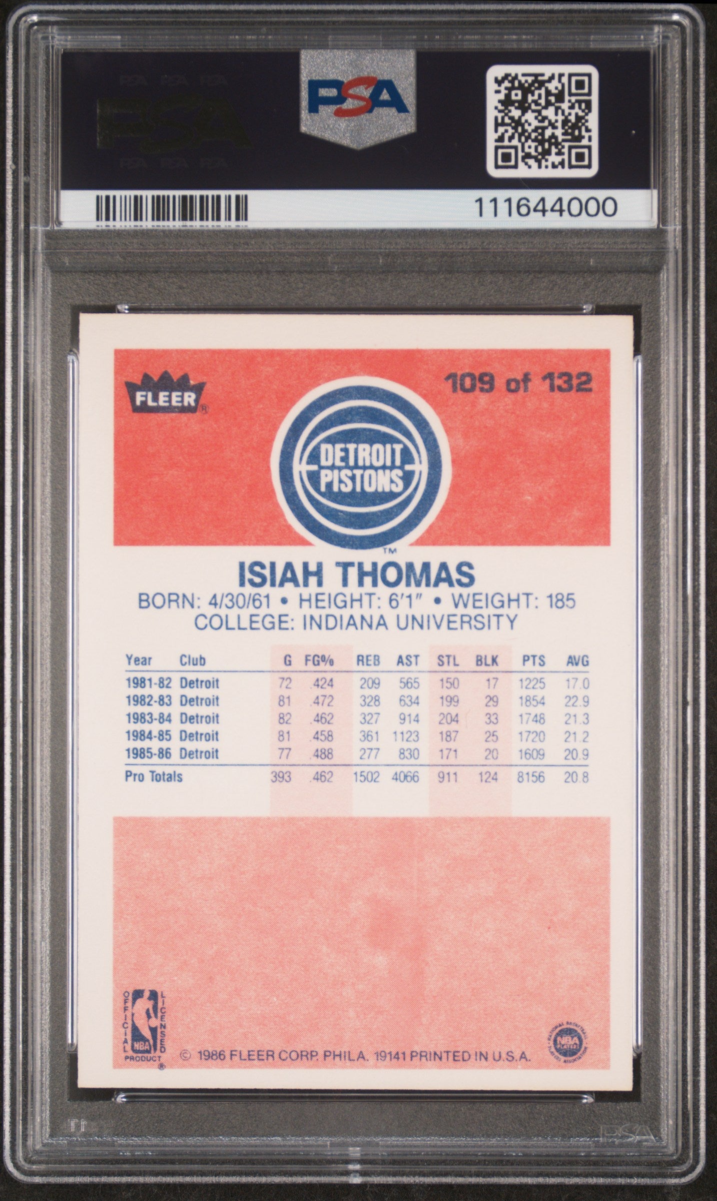 Isiah Thomas 1986 Fleer Rookie #109 PSA 8 Nm-Mint 4000
