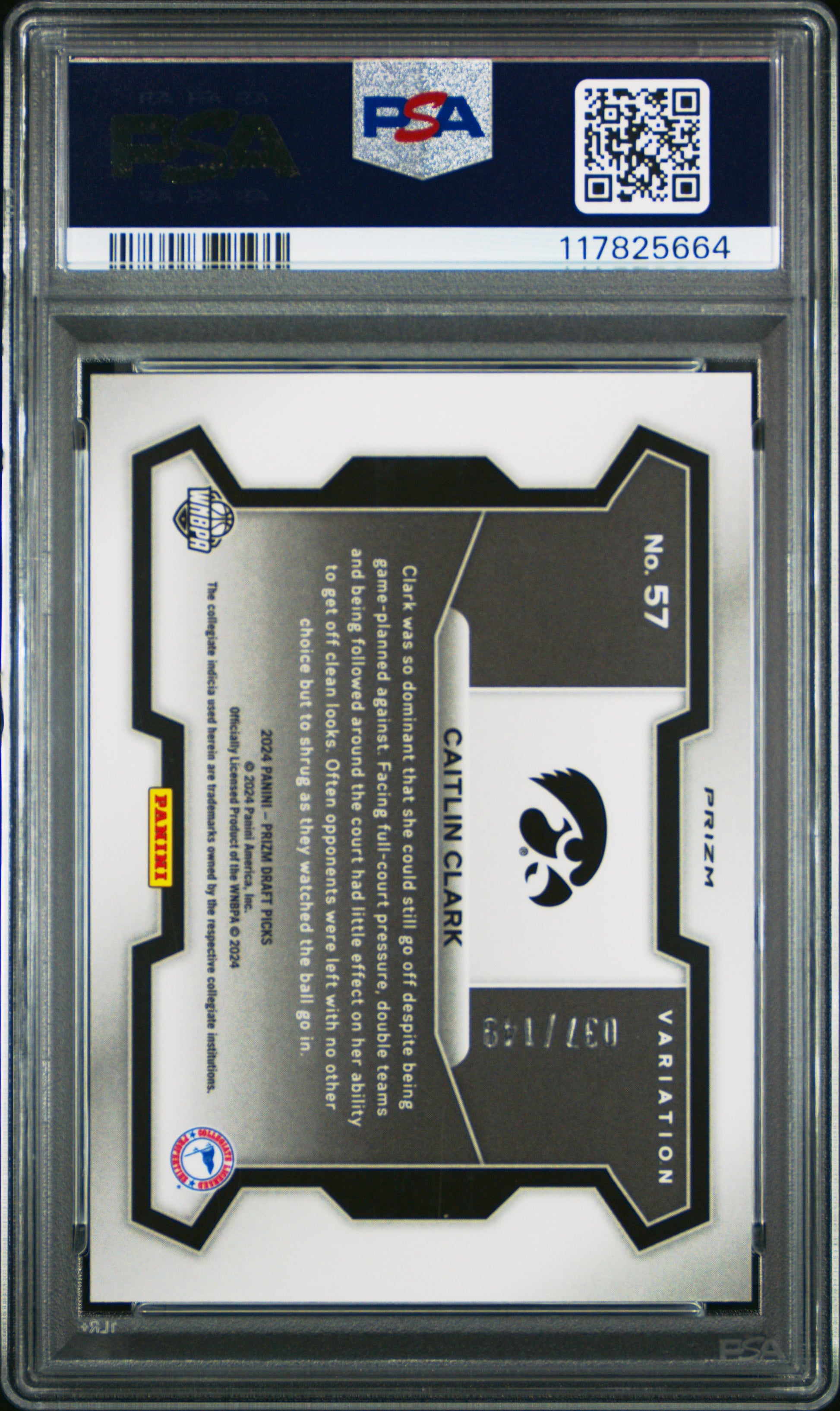 Caitlin Clark 2024 Panini Prizm Draft Campus Legend Purple Ice #37/149 PSA 10 Gem Mint