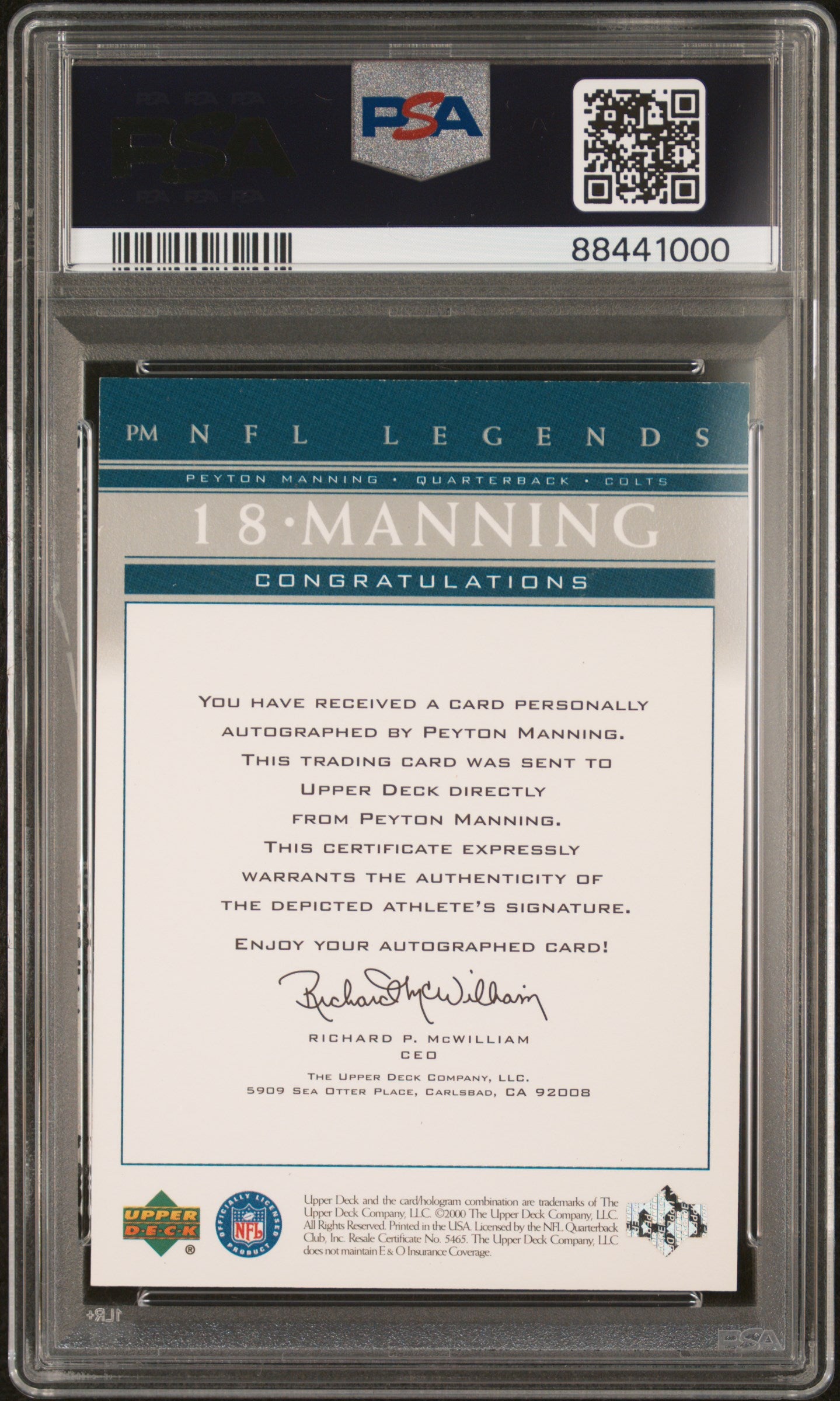 Peyton Manning 2000 Upper Deck LEgends Auto PSA 8 Nm-Mint