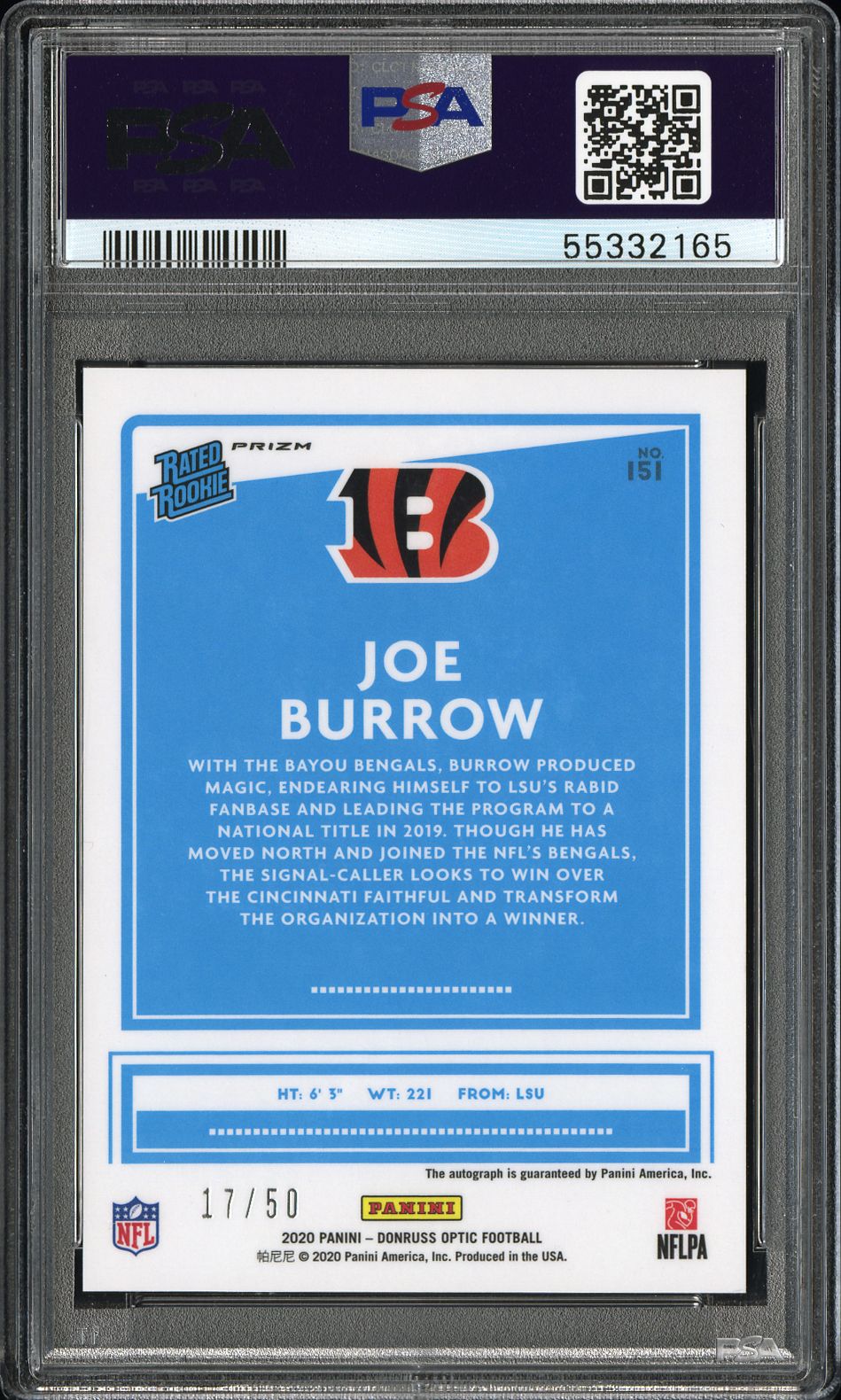 Joe Burrow 2020 Donruss Optic Rookie #151 Red Auto #17/50 PSA 9 Mint