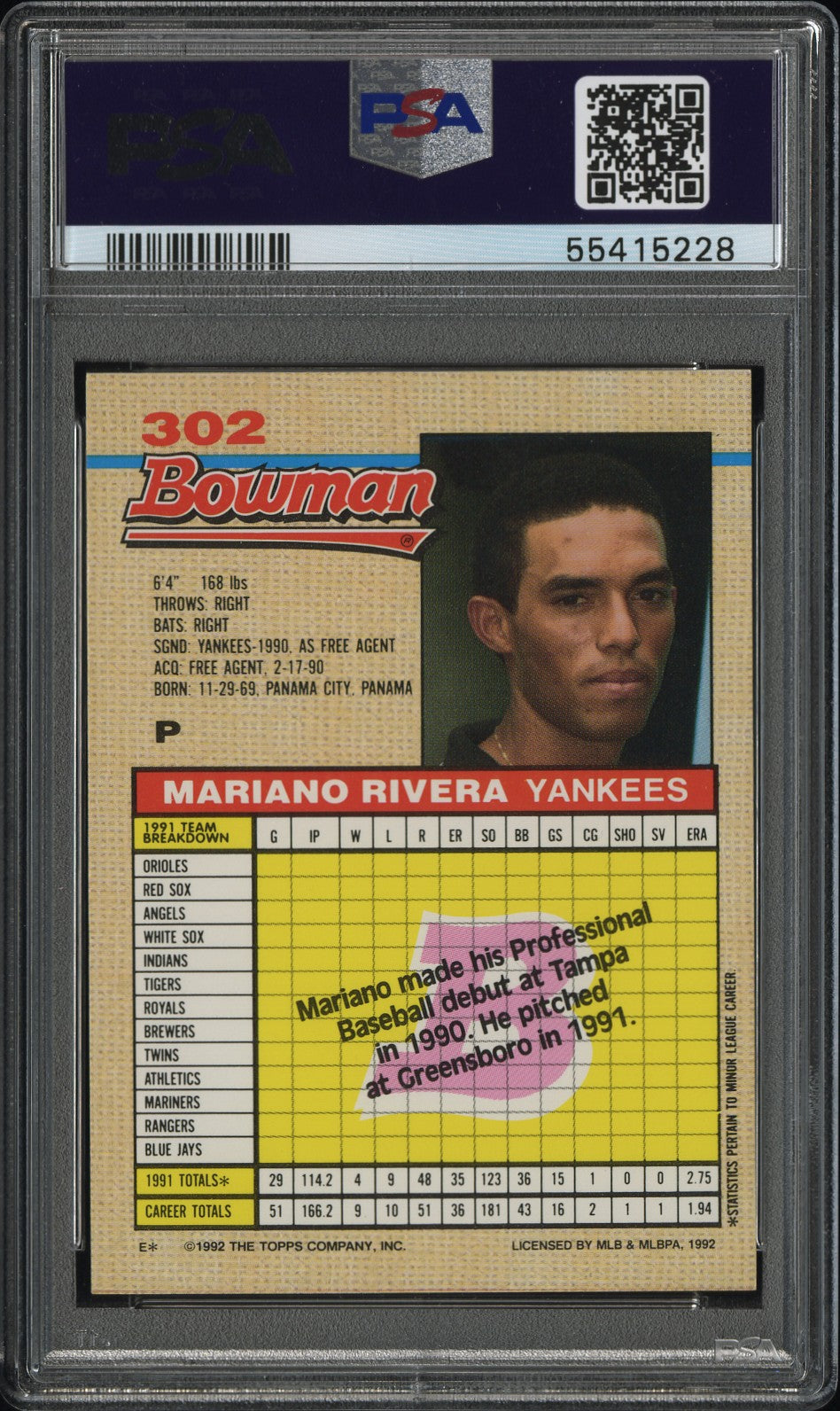 Mariano Rivera 1992 Bowman Rookie #302 PSA 9 Mint