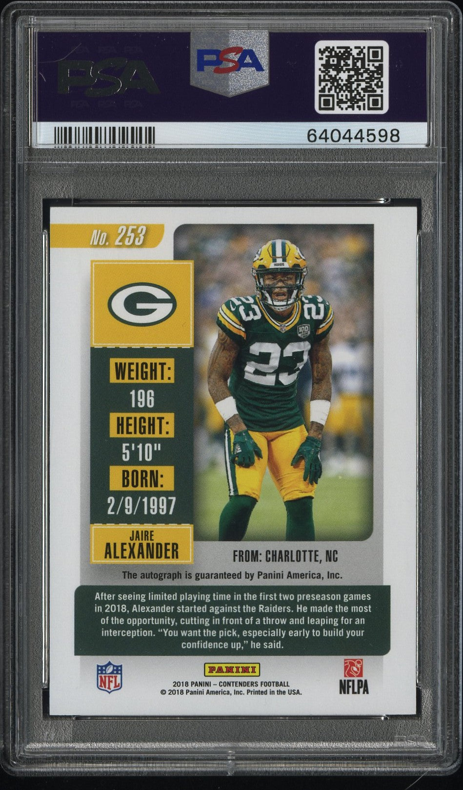 Jaire Alexander 2018 Panini Contenders Rookie Auto PSA 10 Gem Mint