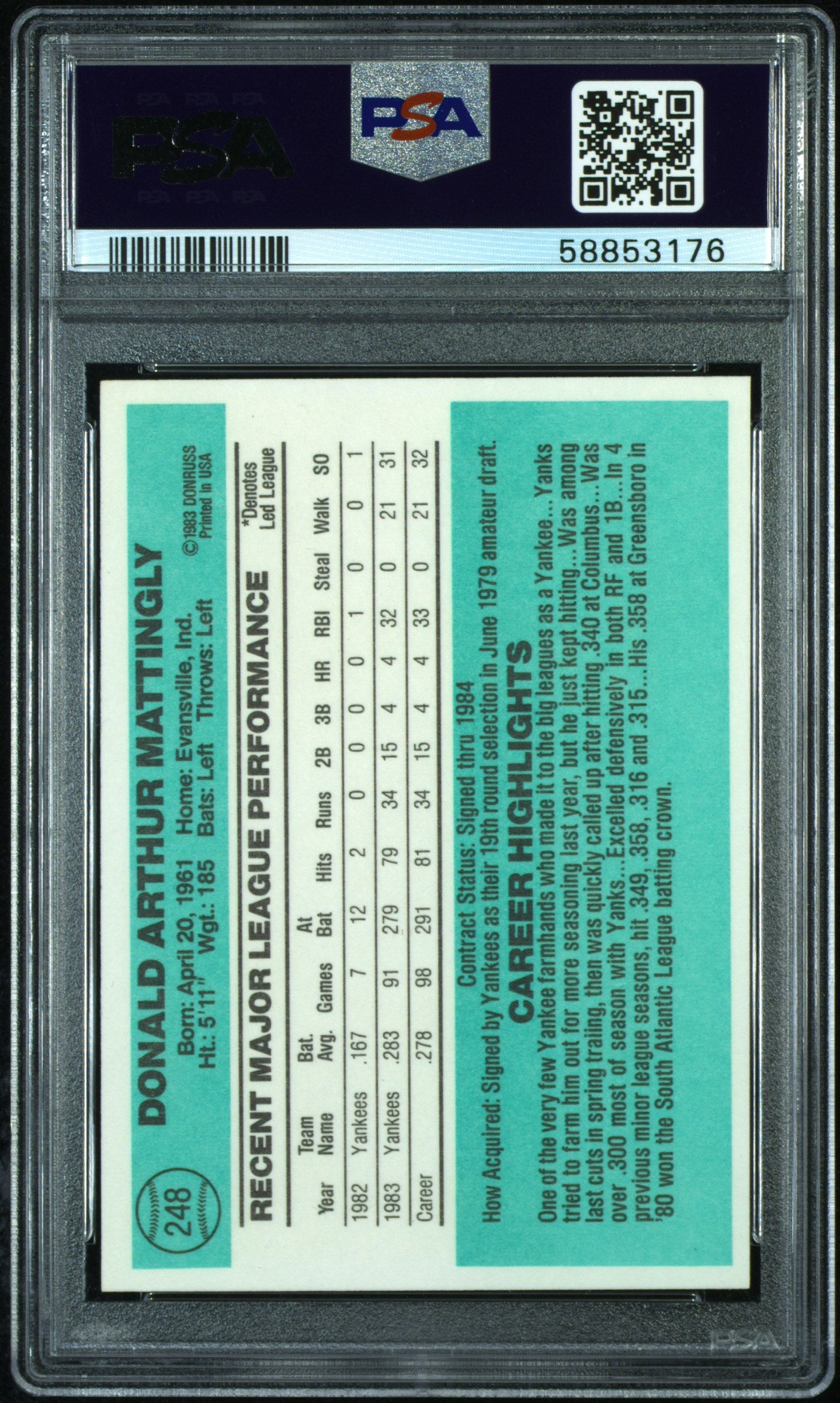 Don Mattingly 1984 Donruss Rookie #248 PSA 10 Gem Mint