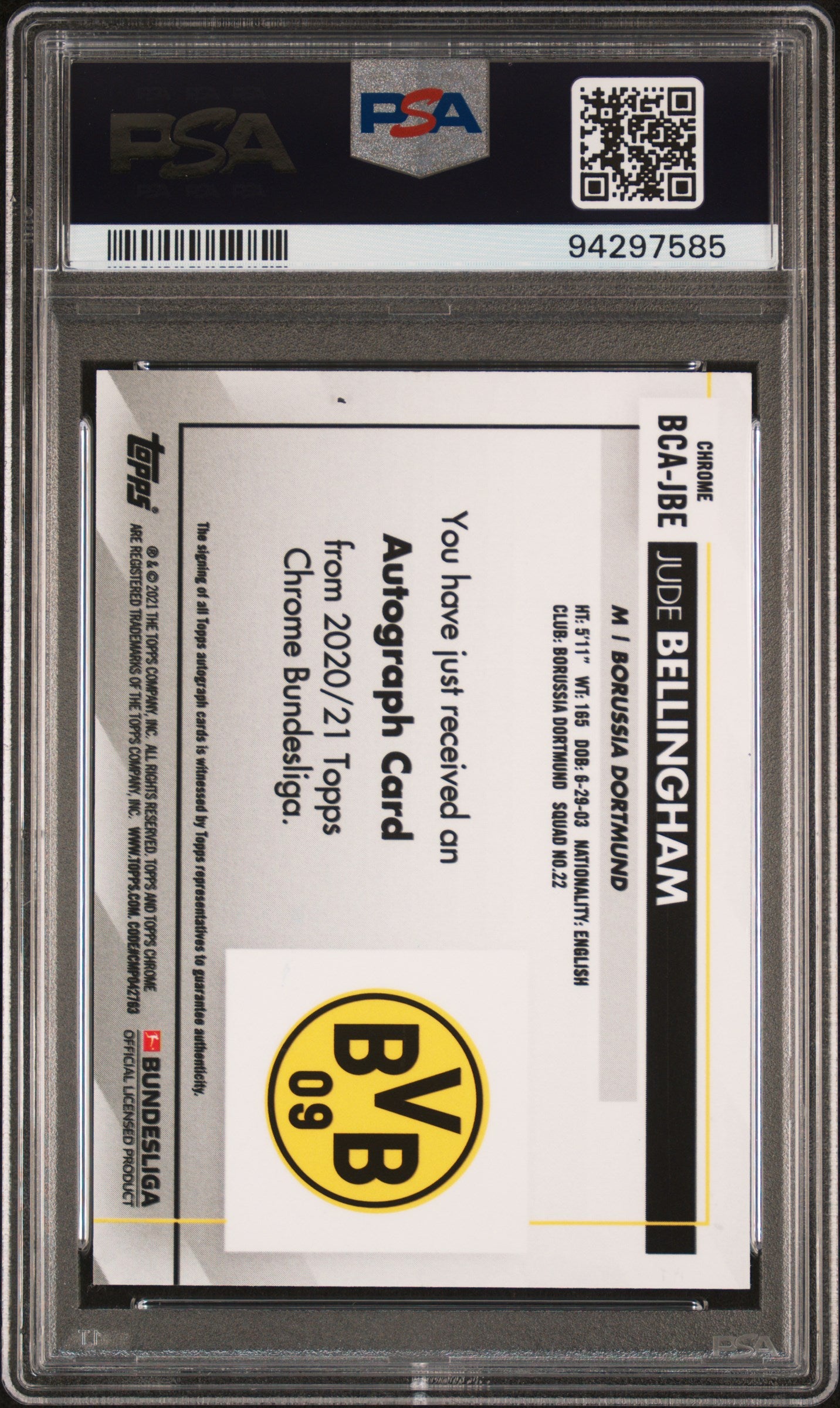 Jude Bellingham 2020 Topps Chrome Bundesliga Auto PSA 9 Mint