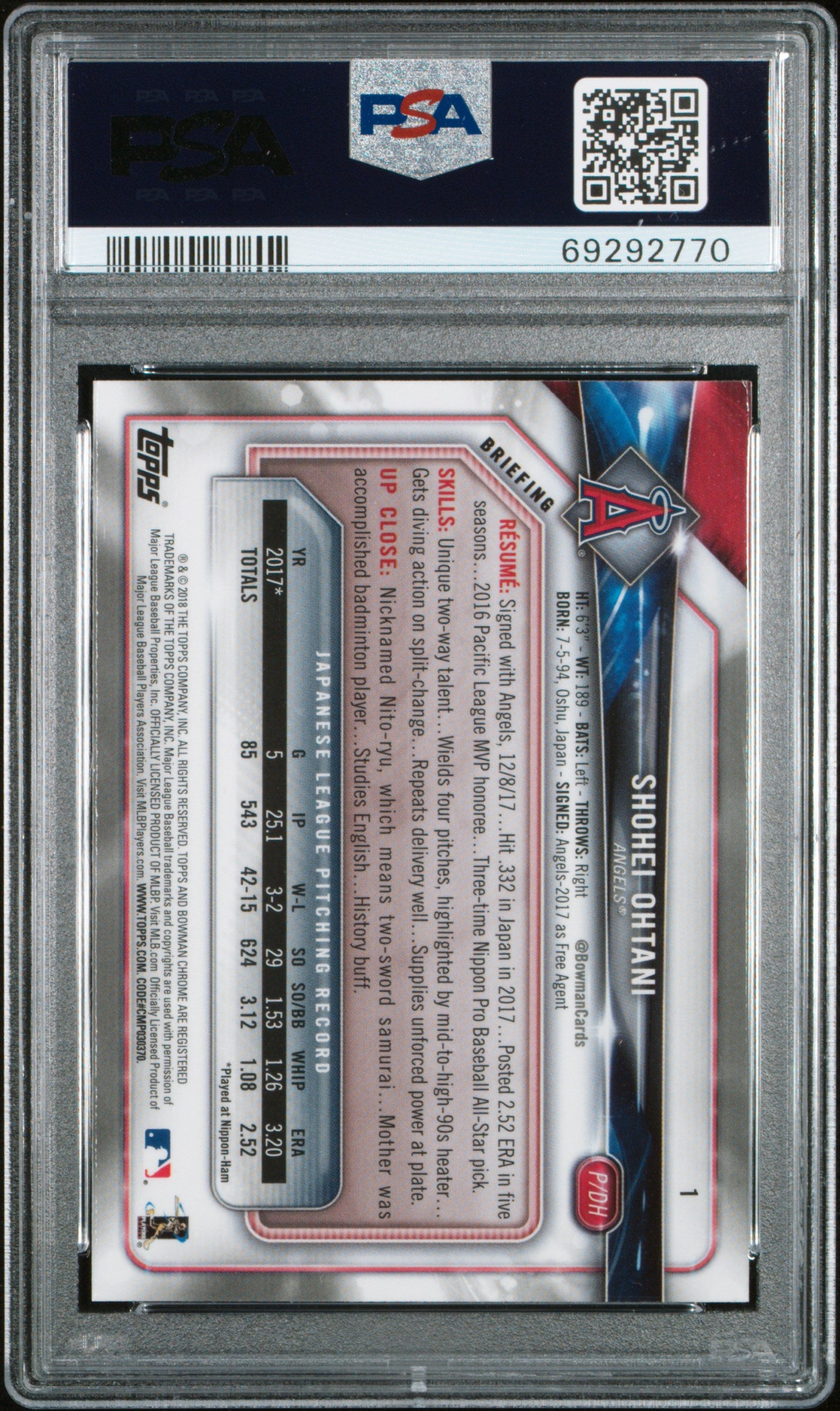 Shohei Ohtani 2018 Bowman Chrome Rookie #1 PSA 10 Gem Mint 2770