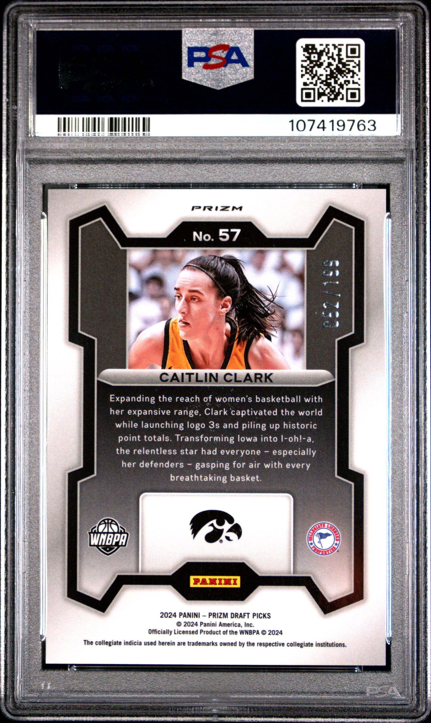 Caitlin Clark 2024 Panini Prizm Draft #57 Blue Prizm #52/199 PSA 10 Gem Mint