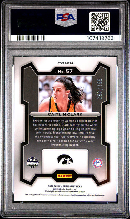 Caitlin Clark 2024 Panini Prizm Draft #57 Blue Prizm #52/199 PSA 10 Gem Mint