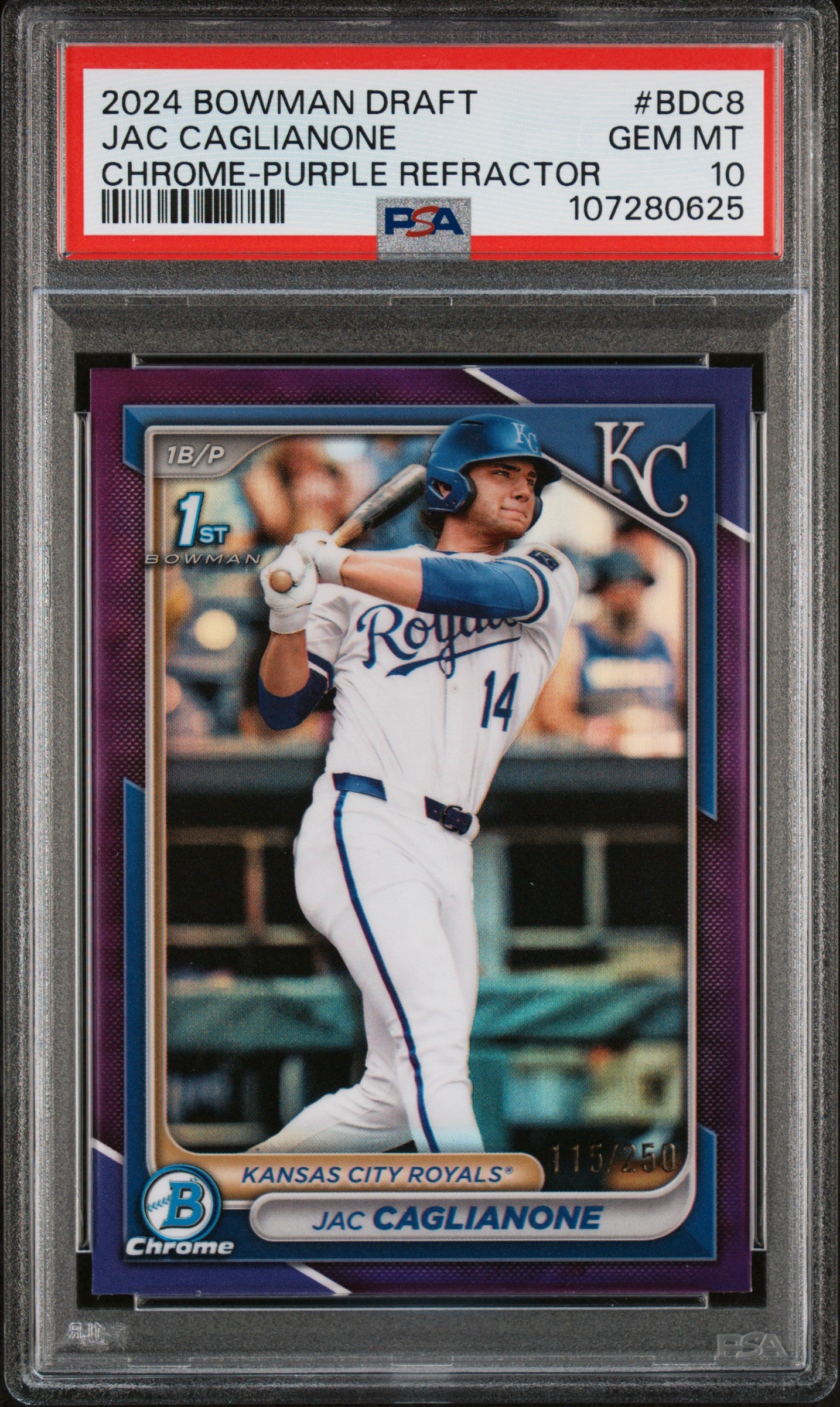 Jac Caglianone 2024 Bowman Draft Chrome Purple Refractor #115/250 PSA 10 Gem Mint