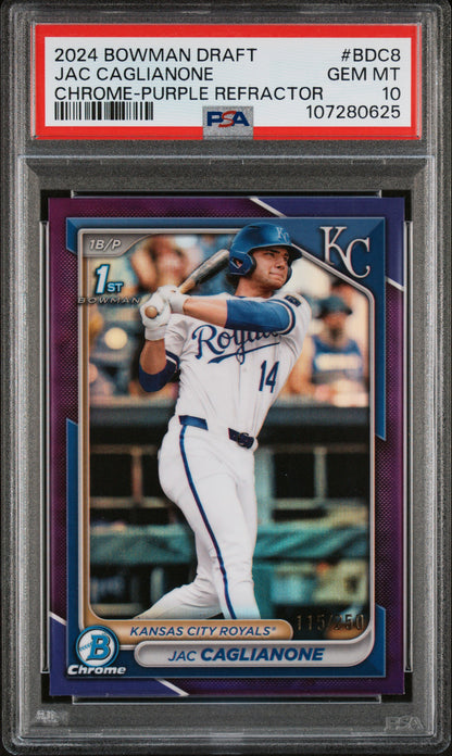 Jac Caglianone 2024 Bowman Draft Chrome Purple Refractor #115/250 PSA 10 Gem Mint