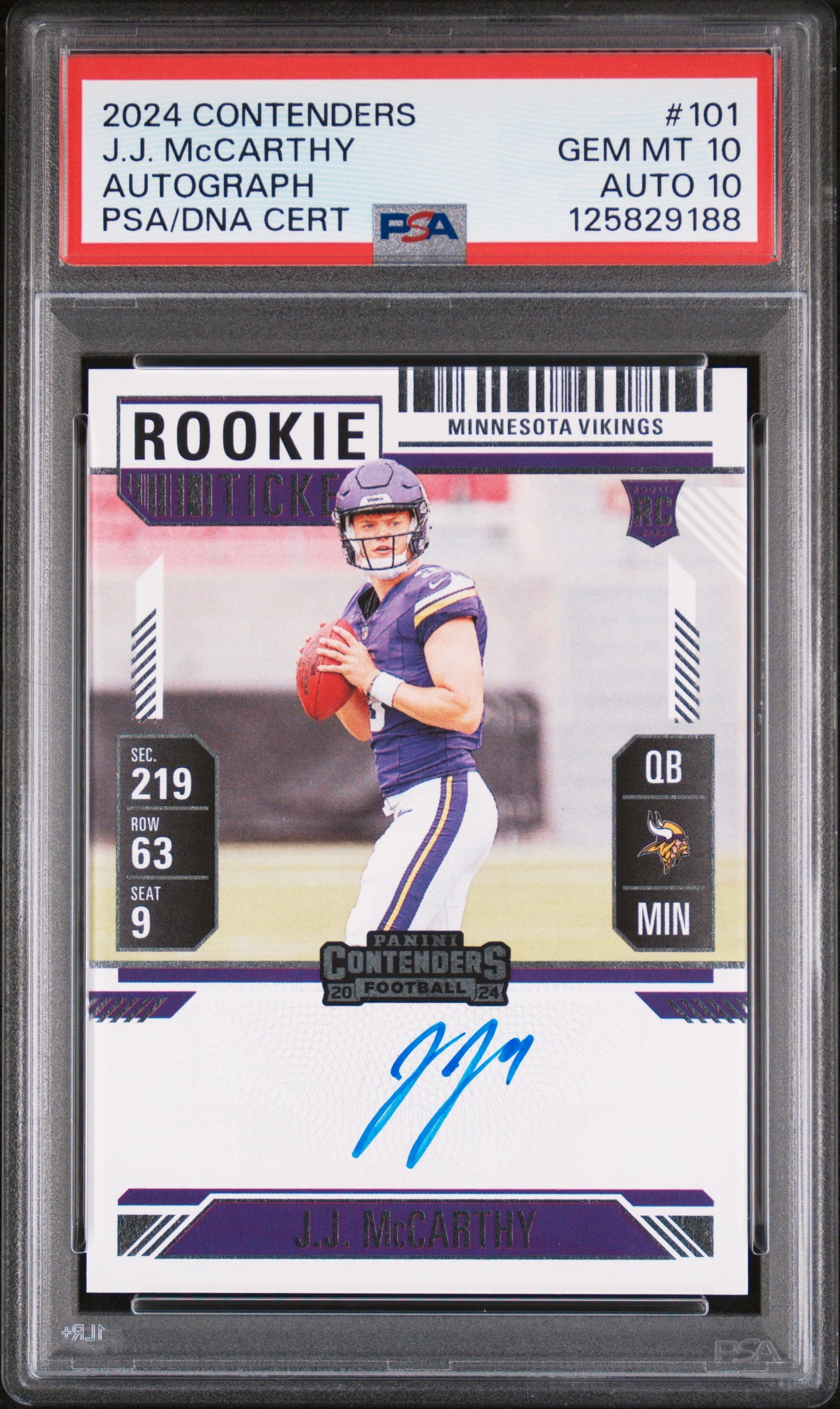 J.J. McCarthy 2024 Contenders Rookie Auto #101 PSA 10 Auto 10