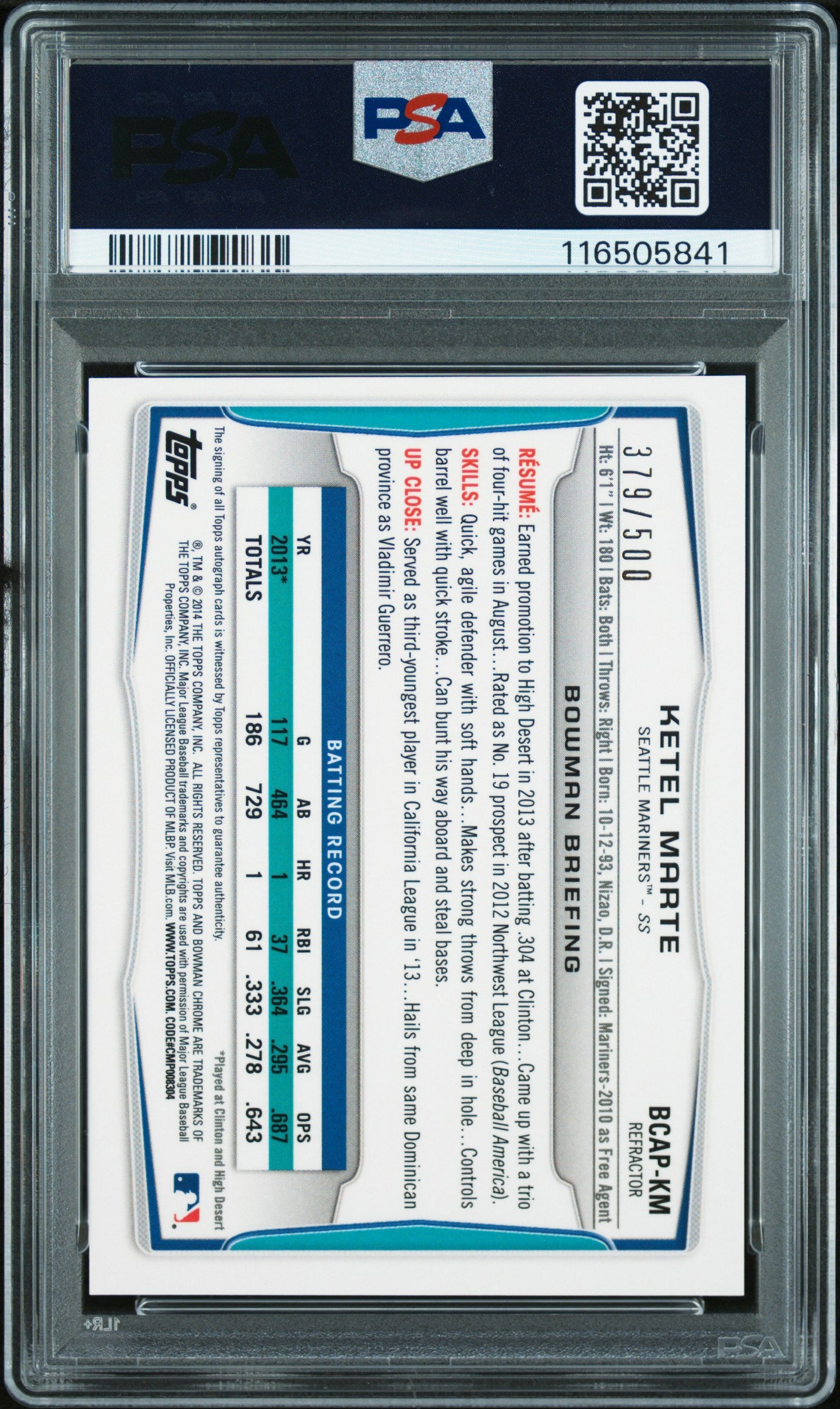 Ketel Marte 2014 Bowman Chrome Refractor Auto #379/500 PSA 8 Auto 10