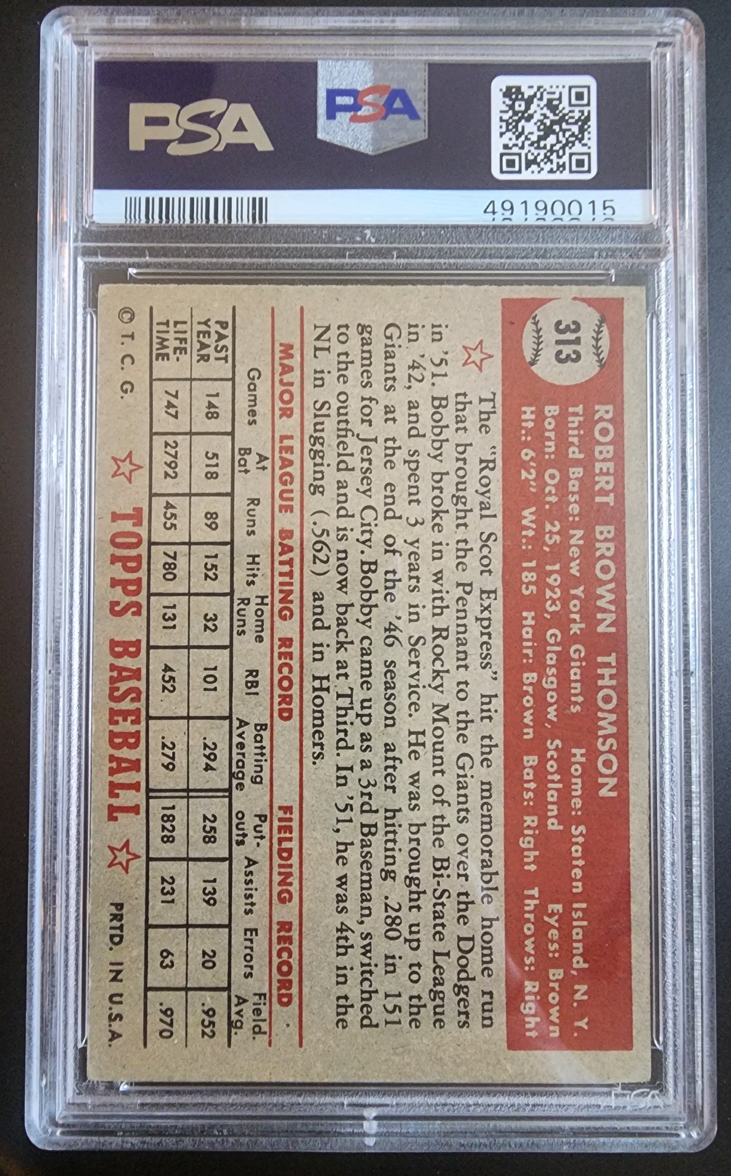 Bobby Thomson 1952 Topps #313 PSA 3