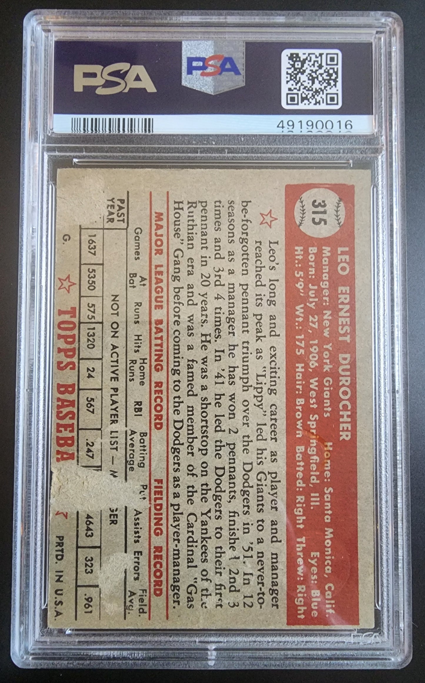 Leo Durocher 1952 Topps #315 PSA 1
