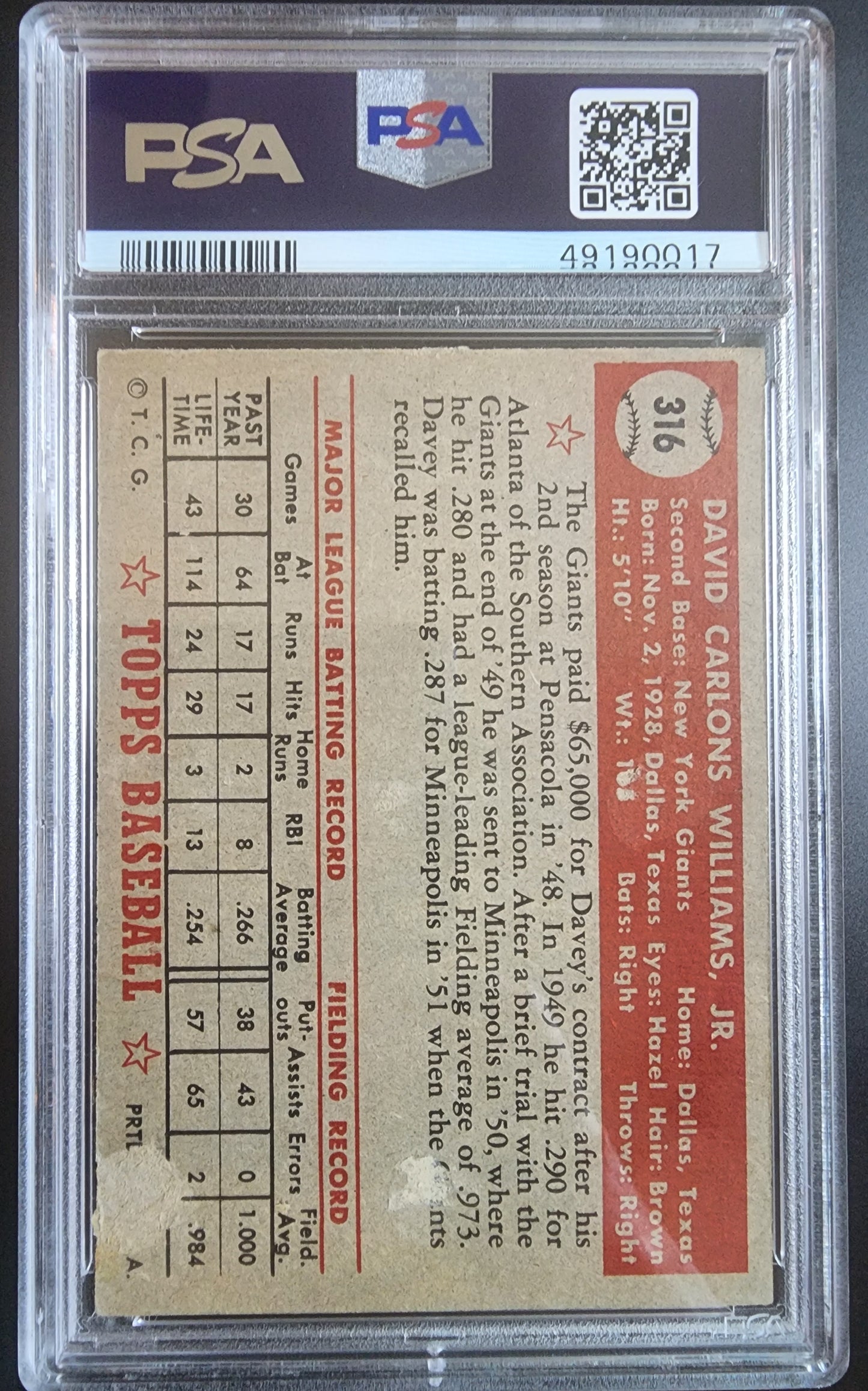 Davey Williams 1952 Topps #316 PSA 1.5