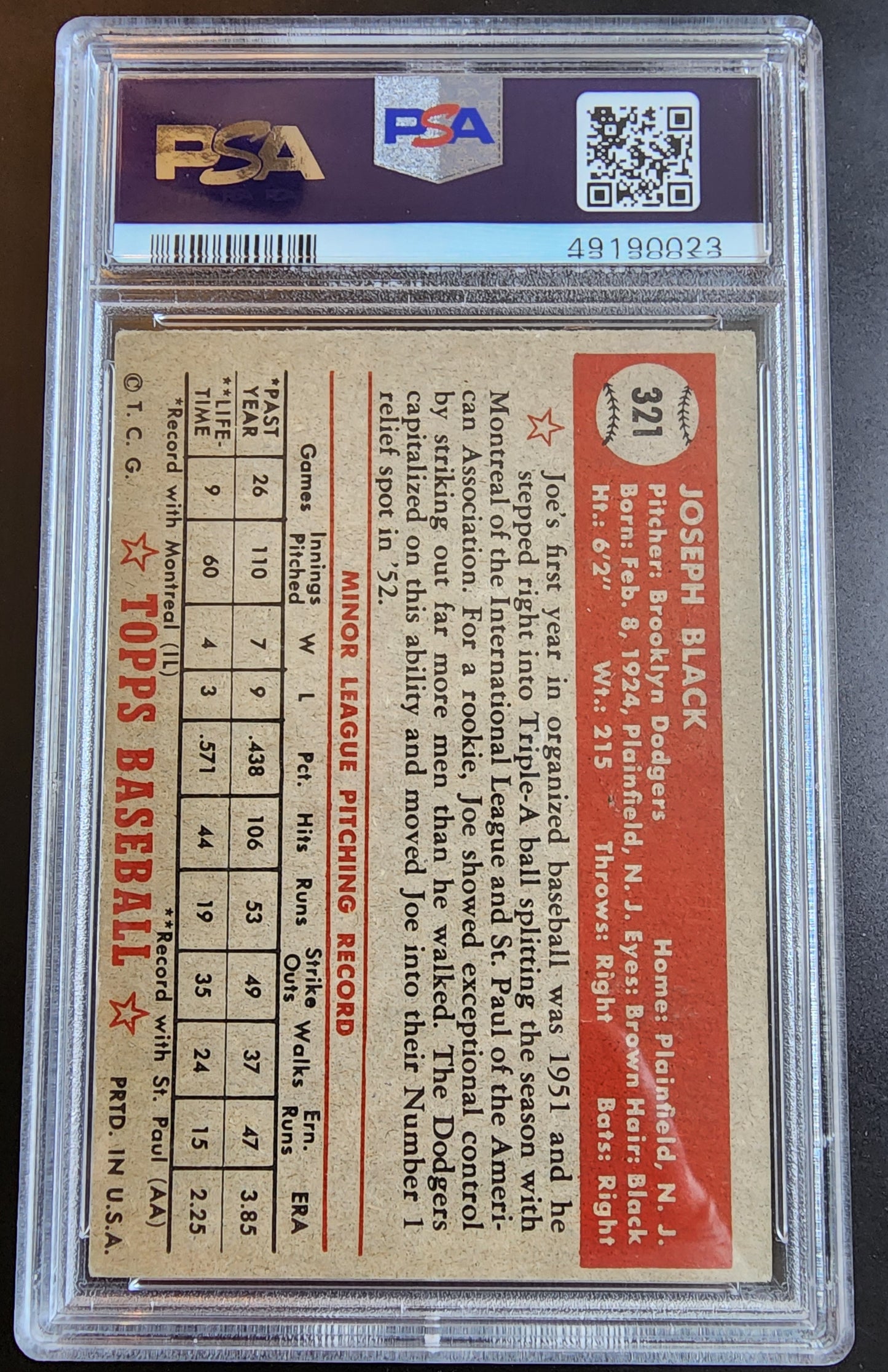 Joe Black 1952 Topps #321 PSA 4