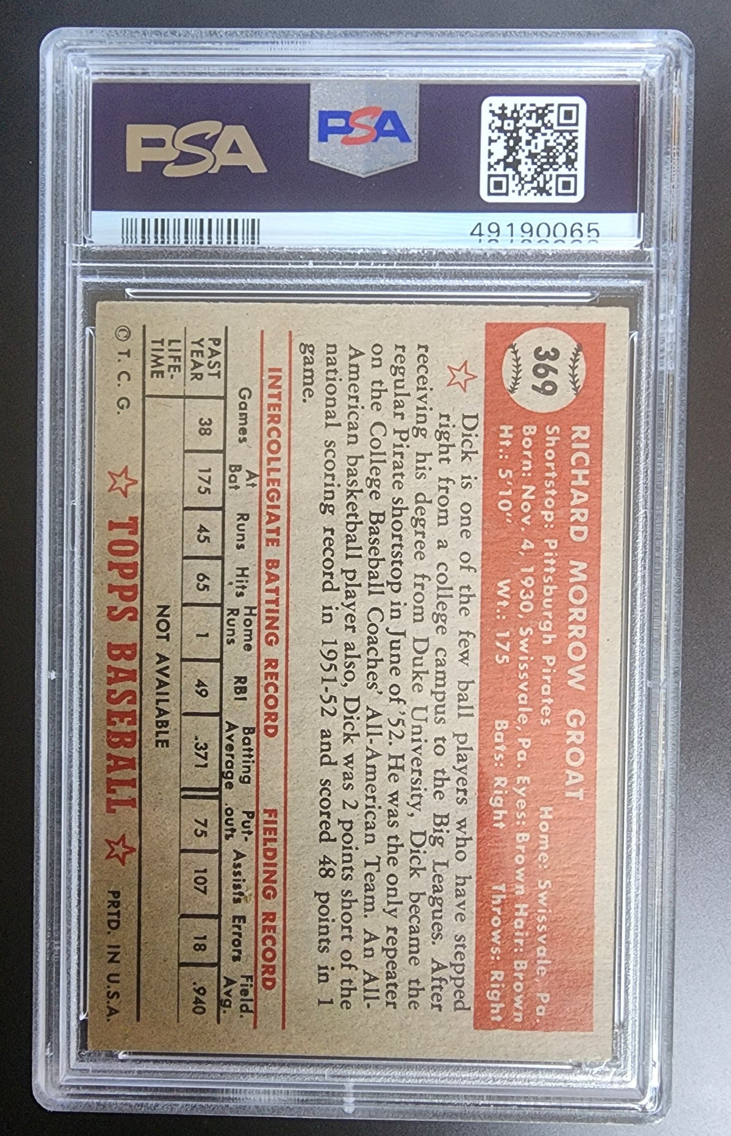 Dick Groat 1952 Topps #369 PSA 5.5