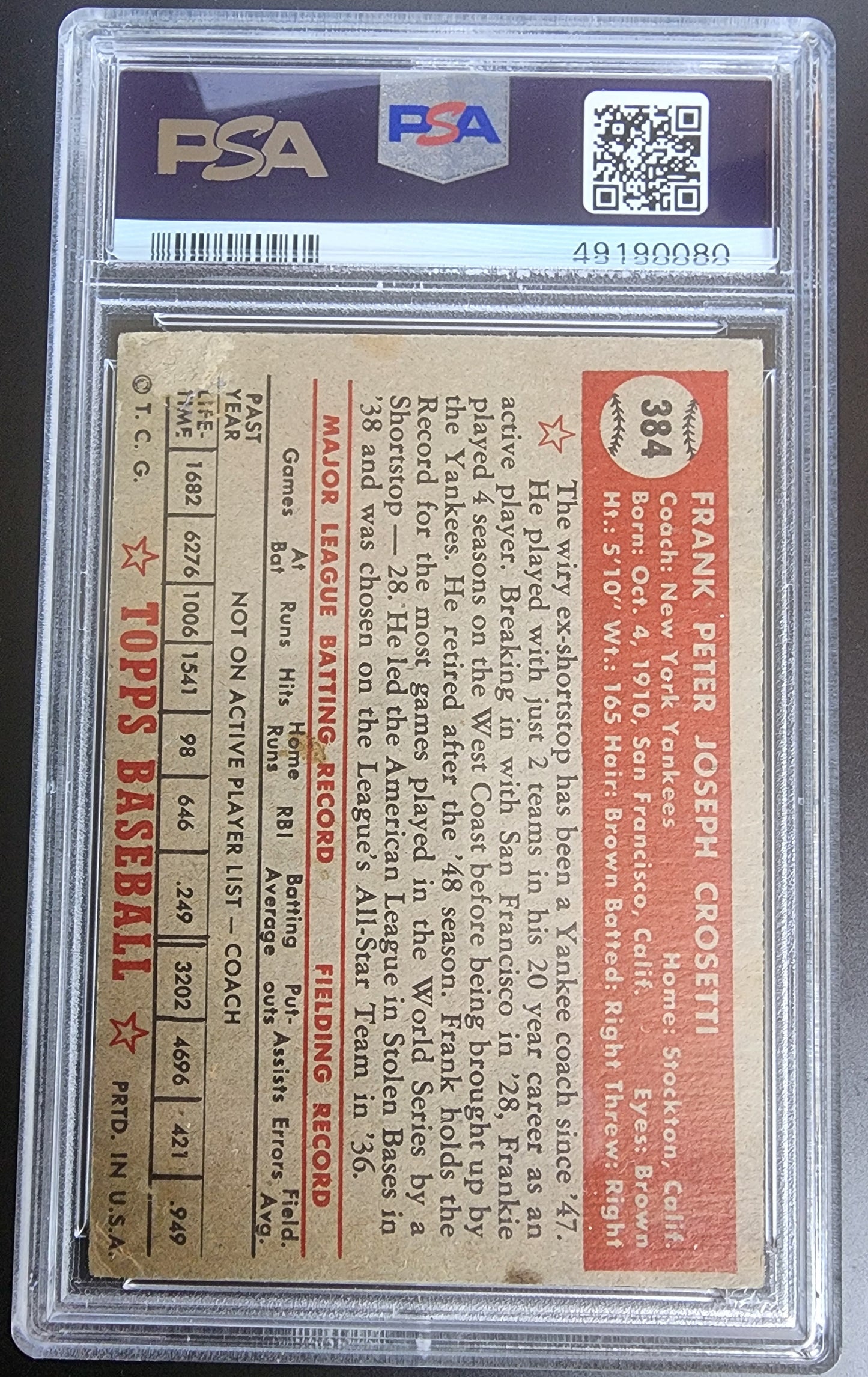 Frank Crosetti 1952 Topps #384 PSA 2