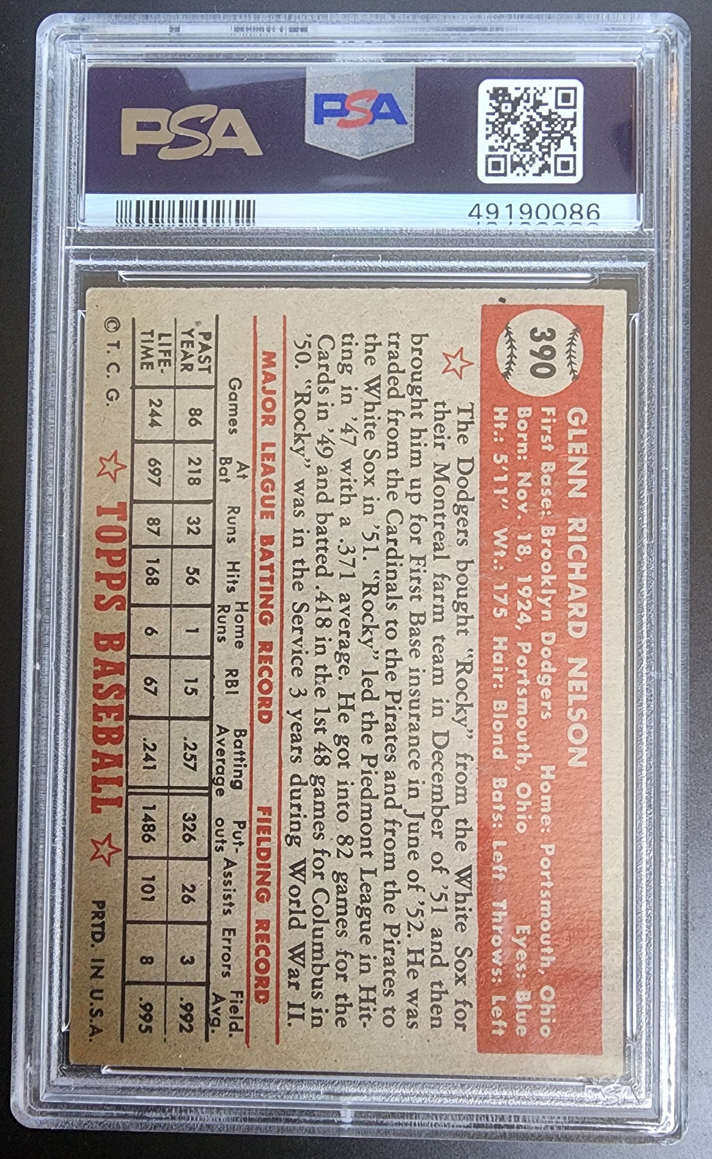 Glenn Nelson 1952 Topps #390 PSA 4