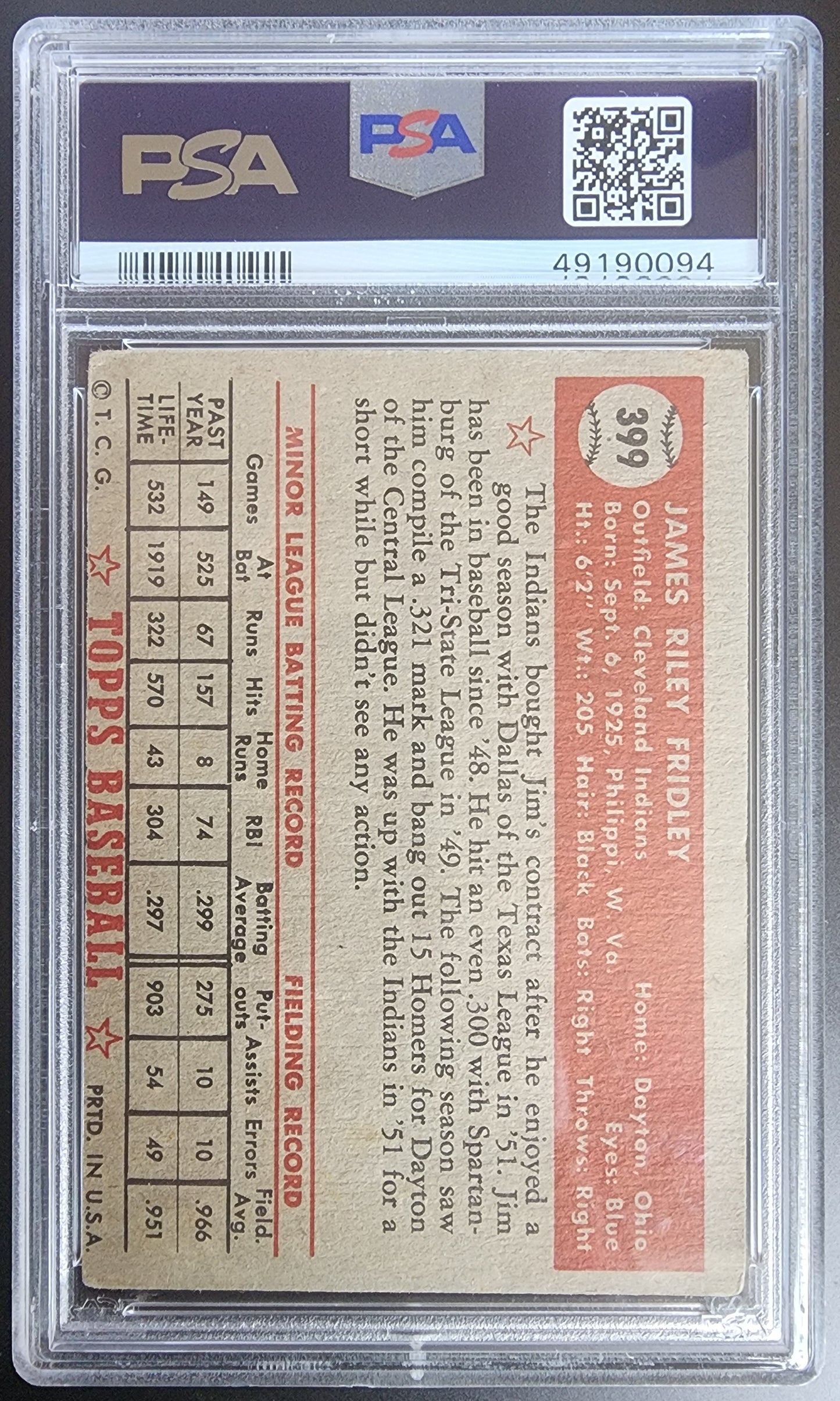 Jim Fridley 1952 Topps #399 PSA 3