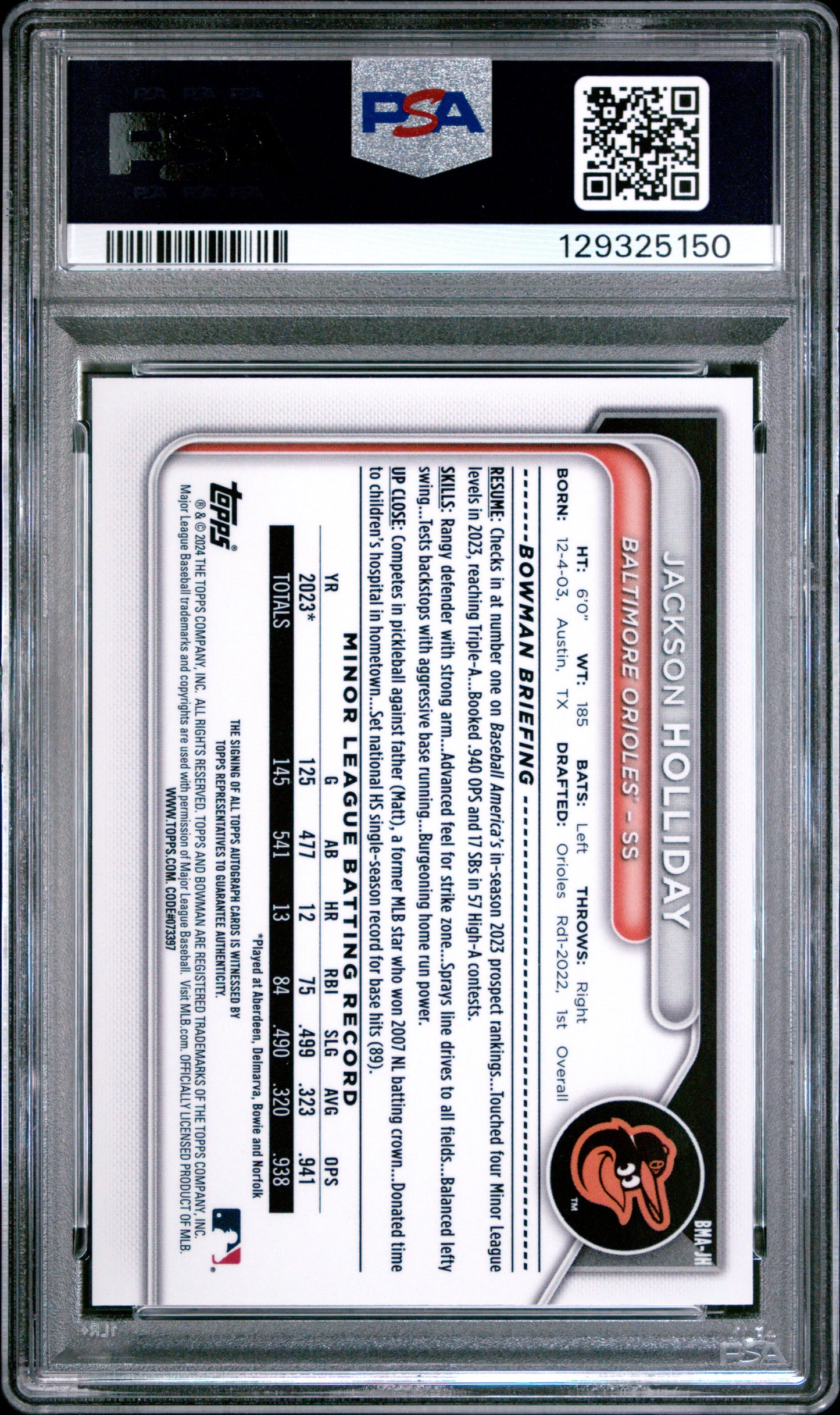 Jackson Holliday 2024 Bowman Mega Box Blue Refractor Auto #15/150 PSA 10 Gem Mint