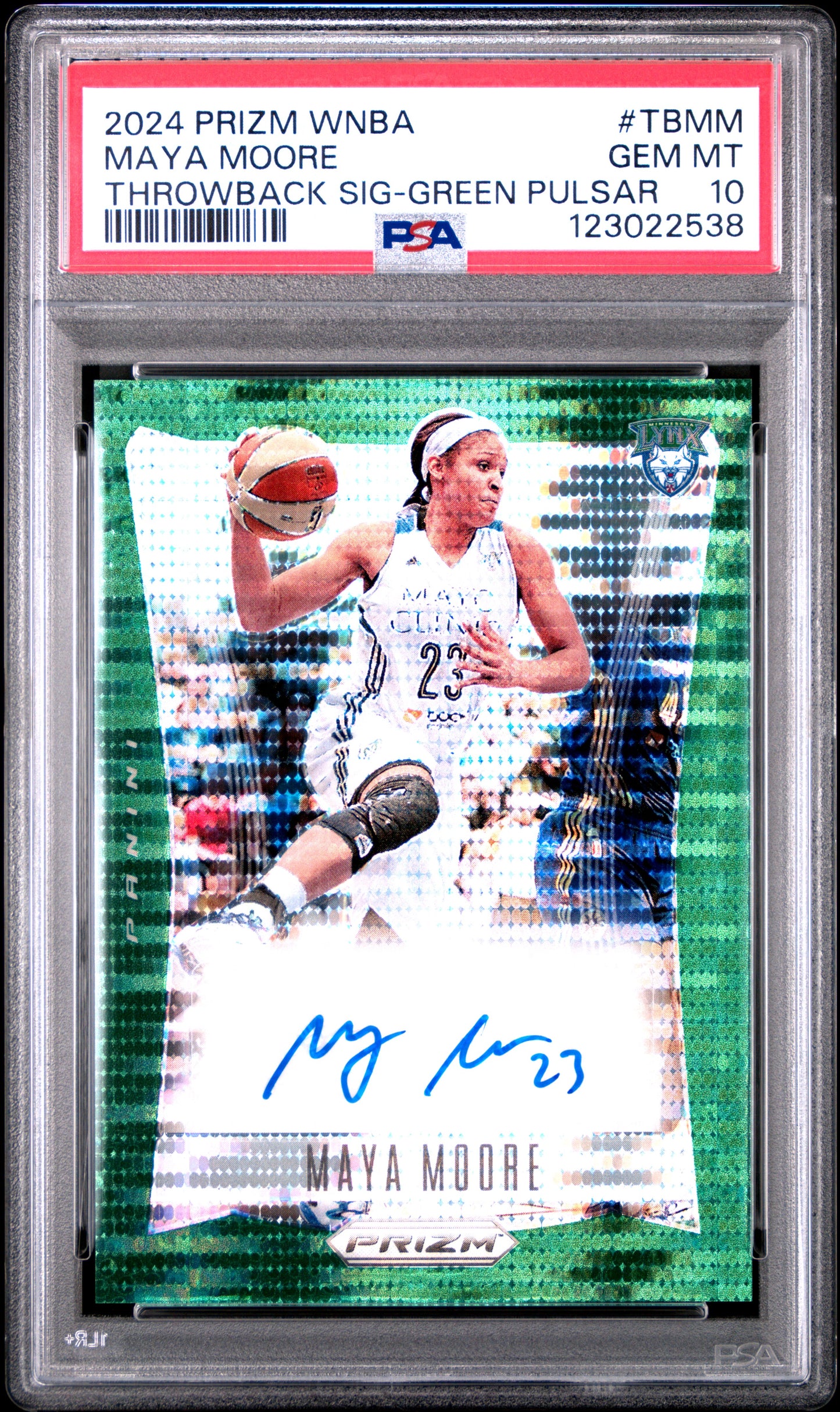 Maya Moore 2024 Panini Prizm WNBA Throwback Auto Green Pulsar #15/25 PSA 10 Gem Mint