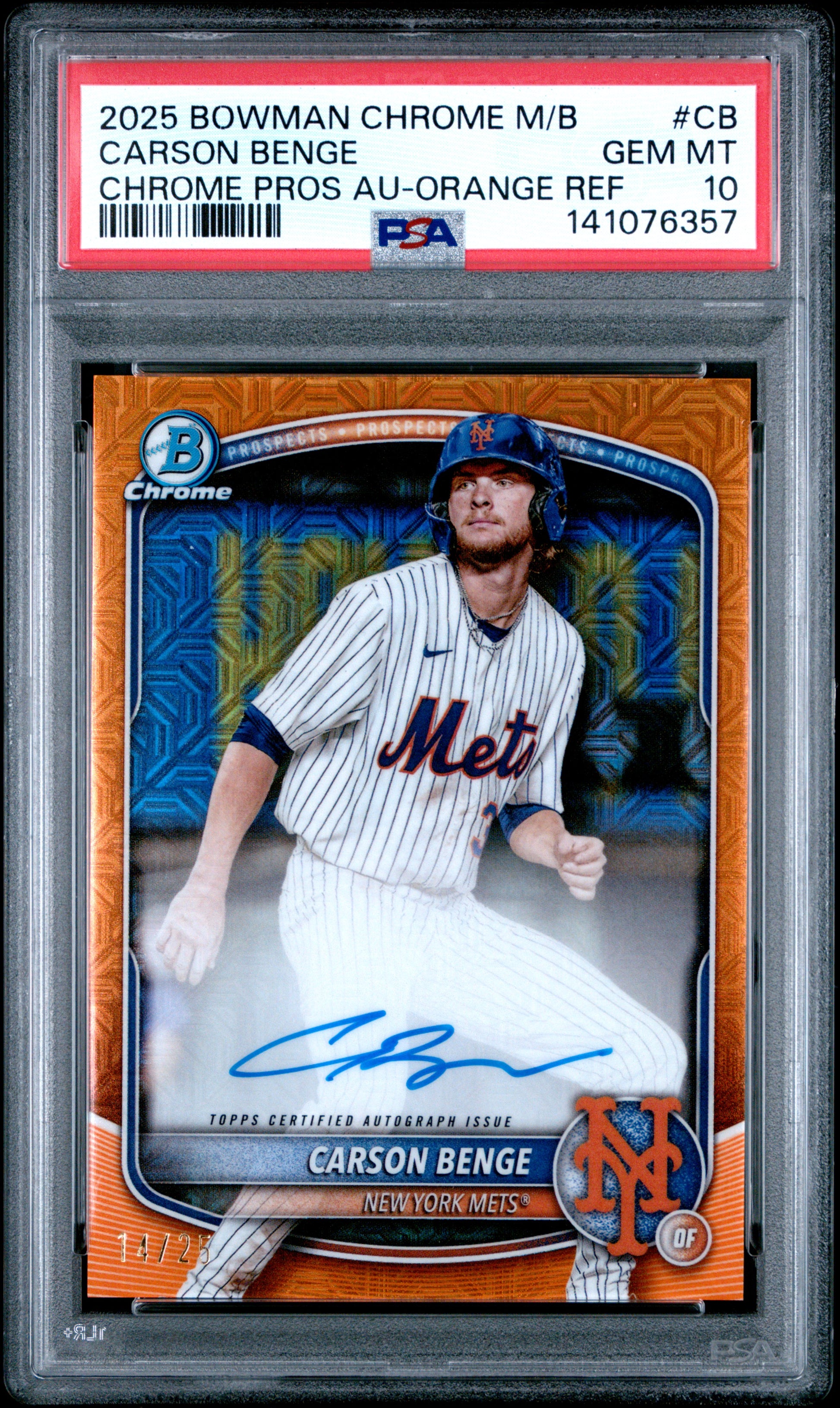 Carson Benge 2025 Bowman Chrome Mega Box Orange Refractor Auto #14/25 PSA 10 Gem Mint