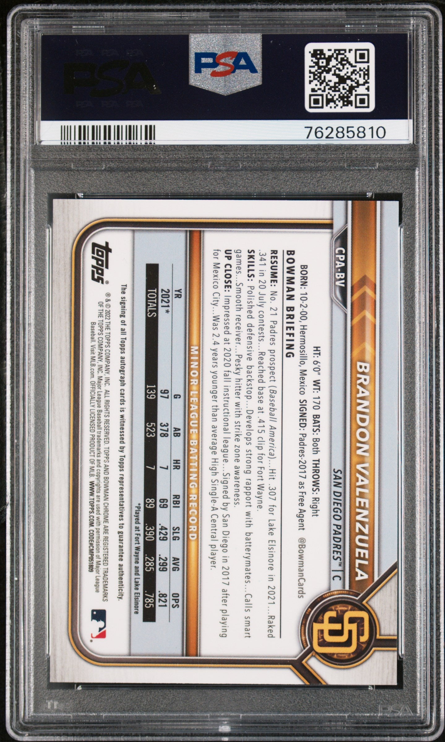 Brandon Valenzuela 2022 Bowman Chrome Atomic Refractor Auto #80/100 PSA 10 Gem Mint