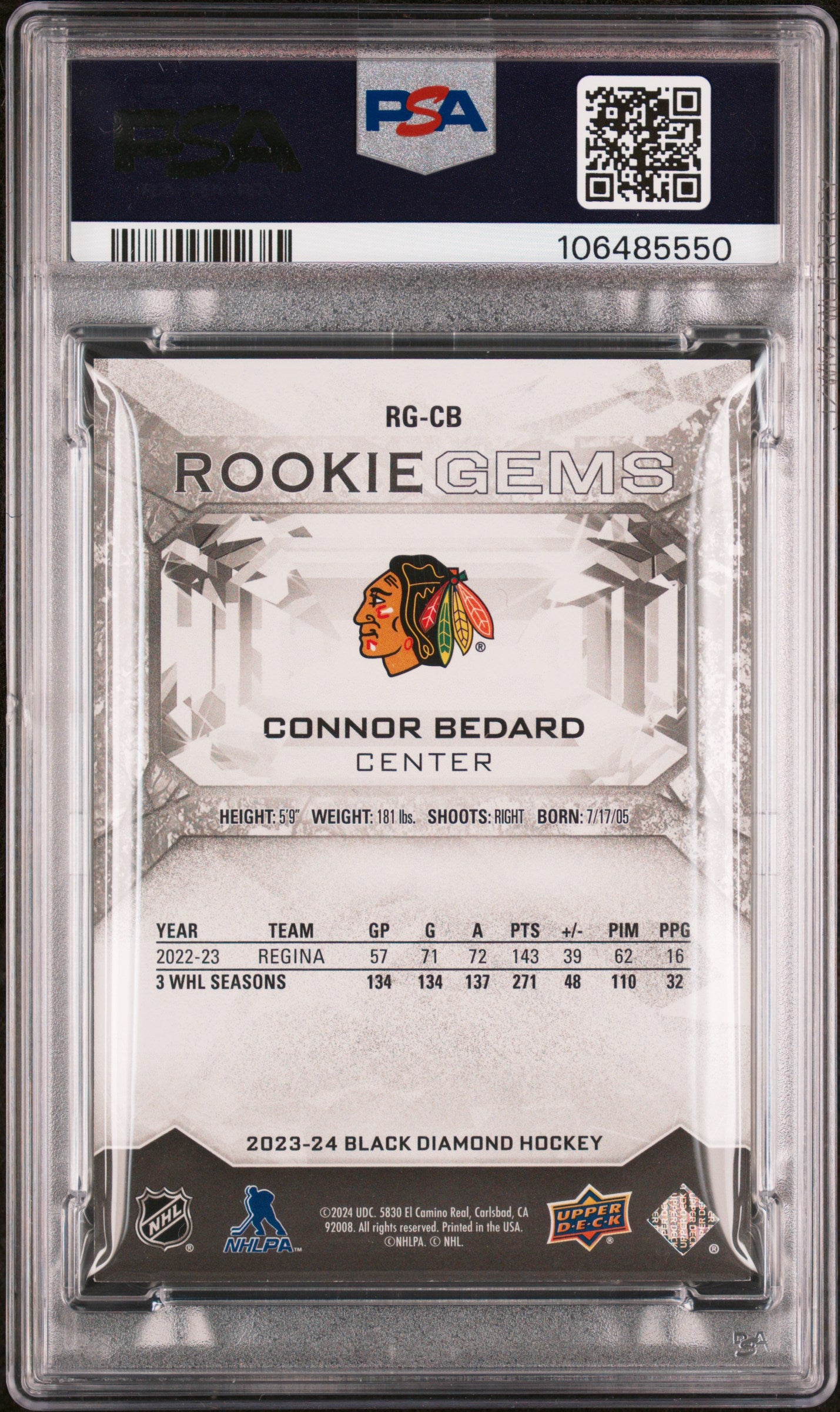 Connor Bedard 2023 Upper Deck Black Diamond Rookie Gems Red PSA 8 Nm-Mint