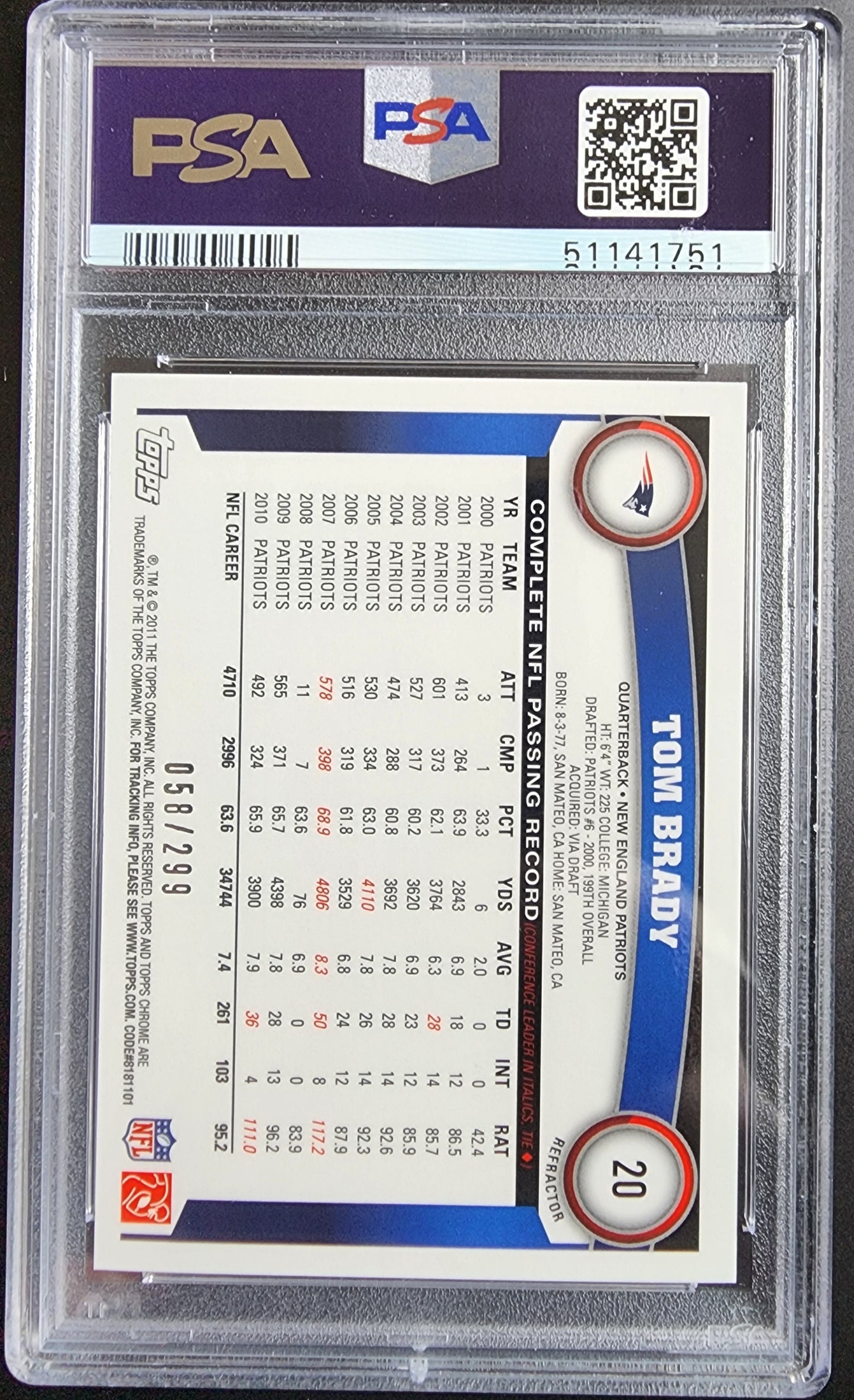 Tom Brady 2011 Topps Chrome #20 Black Refractor #58/299 PSA 9 Mint