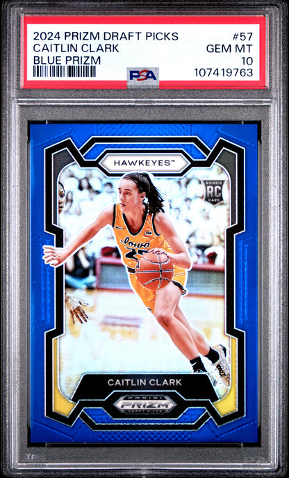 Caitlin Clark 2024 Panini Prizm Draft #57 Blue Prizm #52/199 PSA 10 Gem Mint