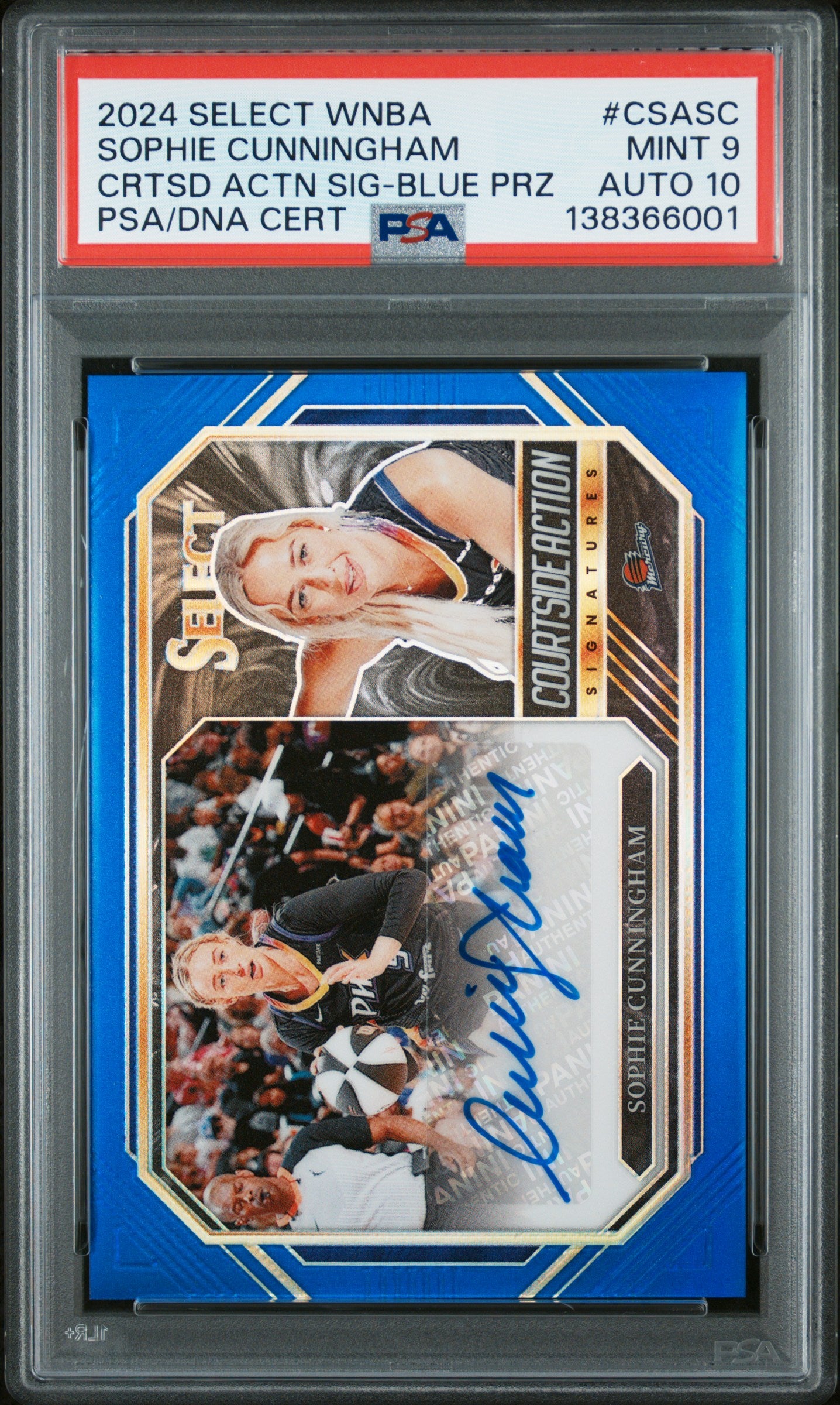 Sophie Cunningham 2024 Panini Select WNBA Courtside Action Blue Auto #11/49 PSA 9 Auto 10