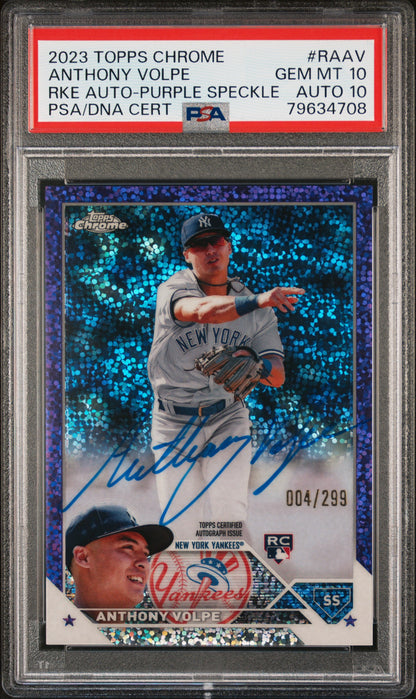 Anthony Volpe 2023 Topps Chrome Rookie Auto Purple Speckle #4/299 PSA 10 Auto 10
