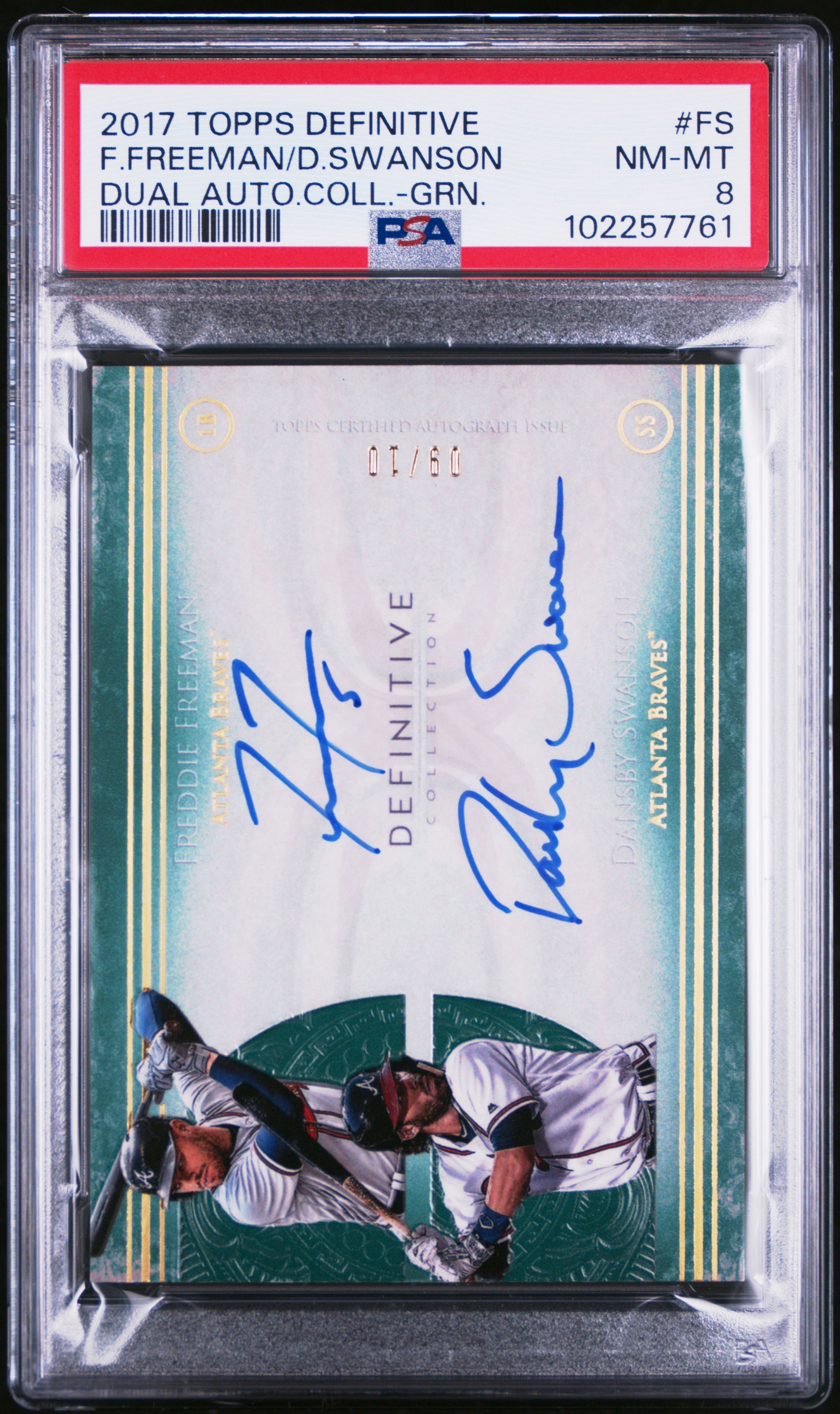 Freddie Freeman + Dansby Swanson 2017 Topps Definitive Dual Auto #9/10 PSA 8 Nm-Mint