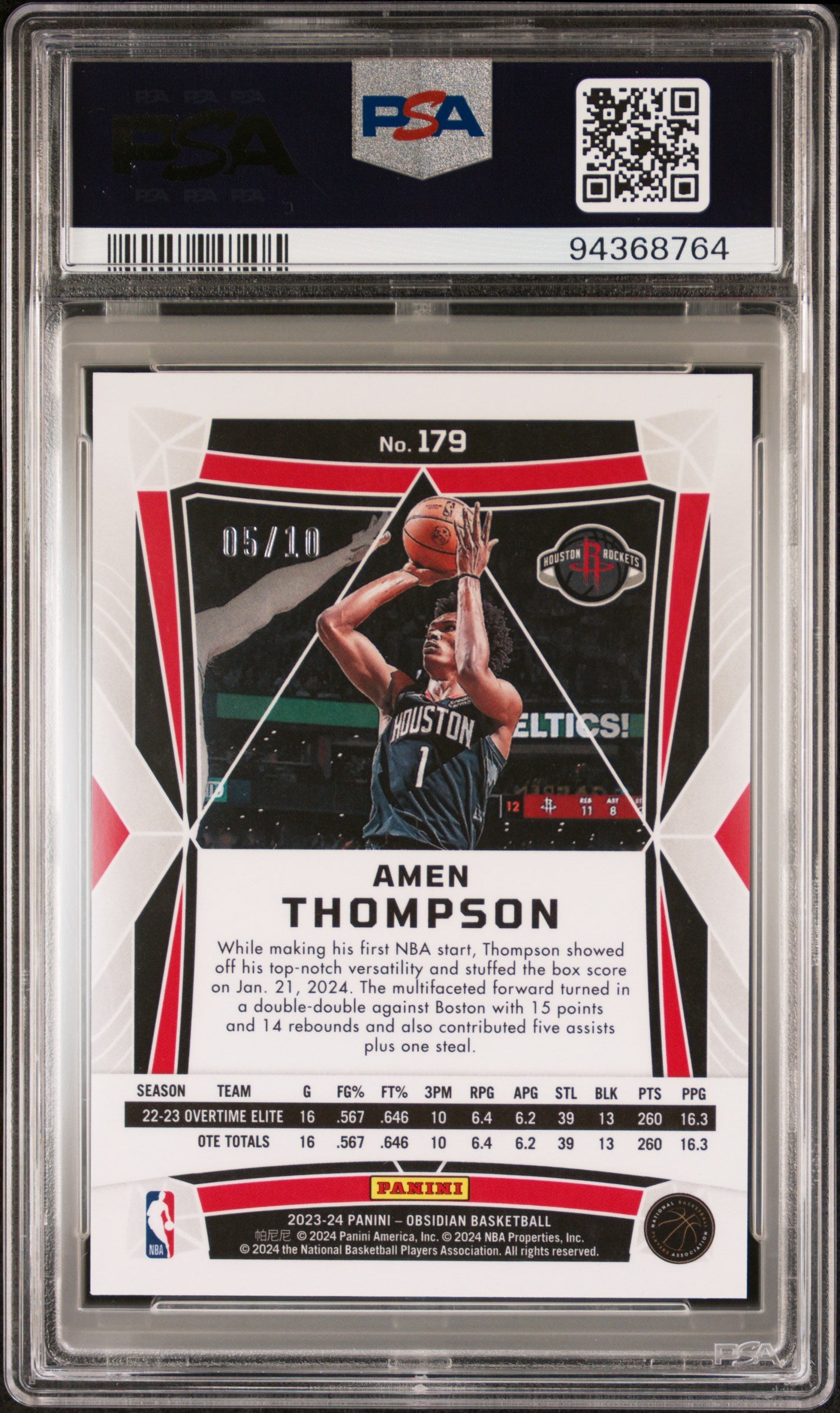 Amen Thompson 2023 Panini Obsidian Rookie Gold Flood #5/10 PSA 10 Gem Mint