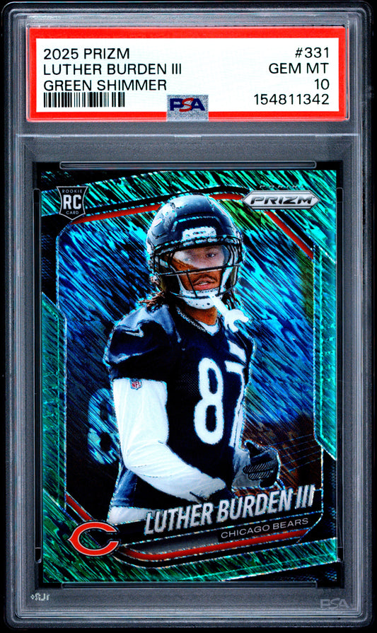 Luther Burden III 2025 Panini Prizm Rookie #331 Green Shimmer #1/5 PSA 10 Gem Mint