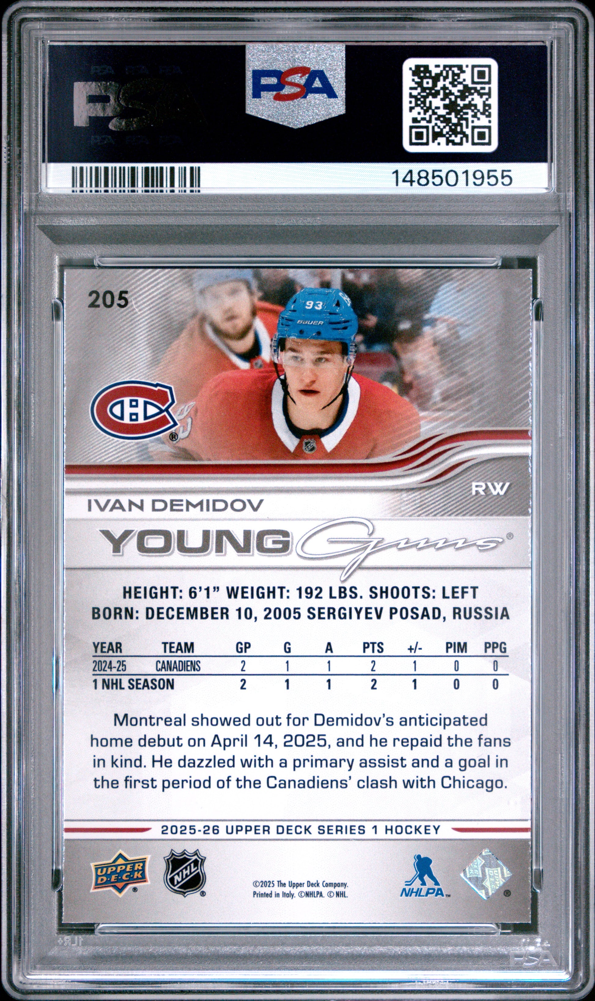 Ivan Demidov 2025 Upper Deck Rookie #205 PSA 10 Gem Mint