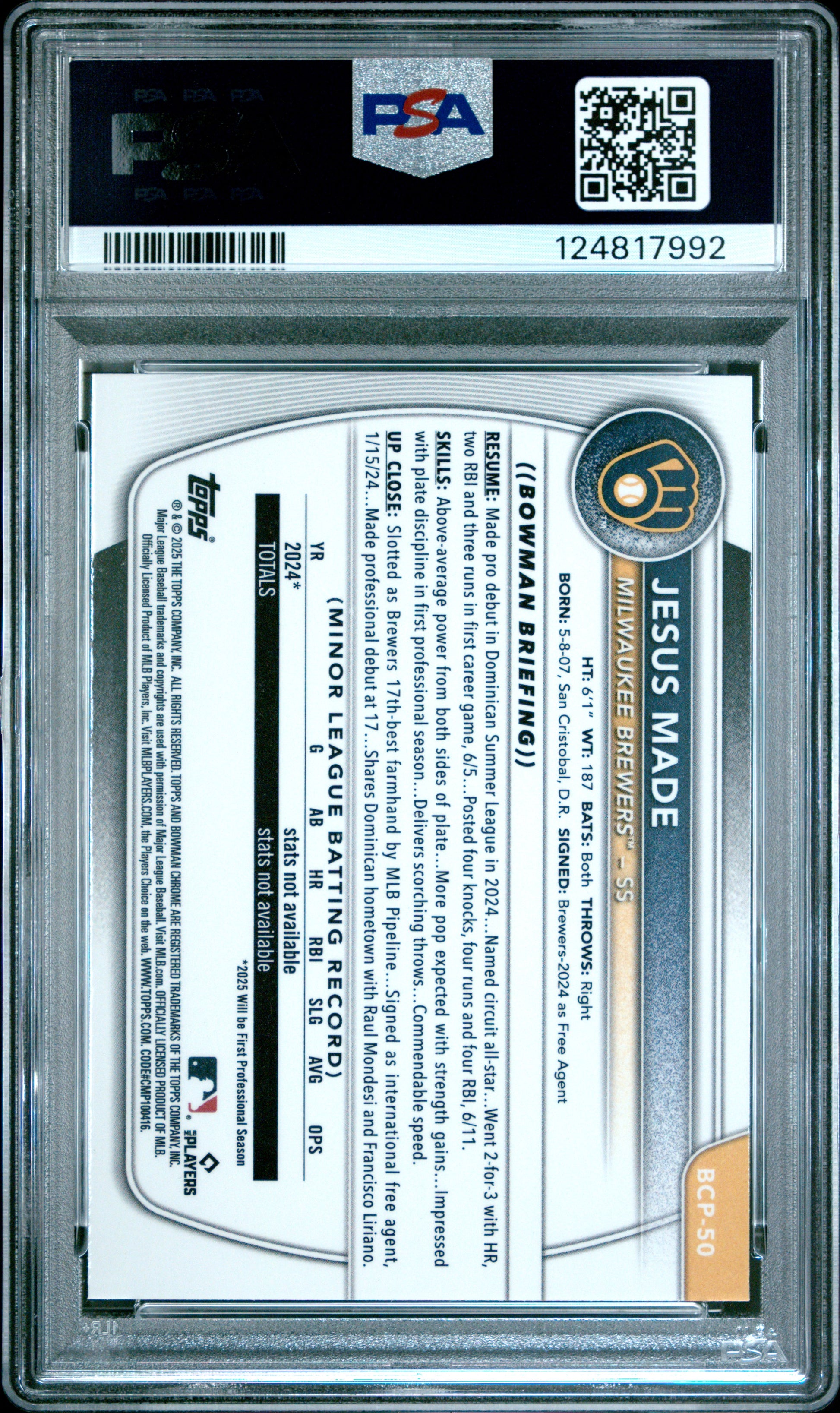 Jesus Made 2025 Bowman Chrome #BCP50 Fuschia Refractor #29/199 PSA 10 Gem Mint
